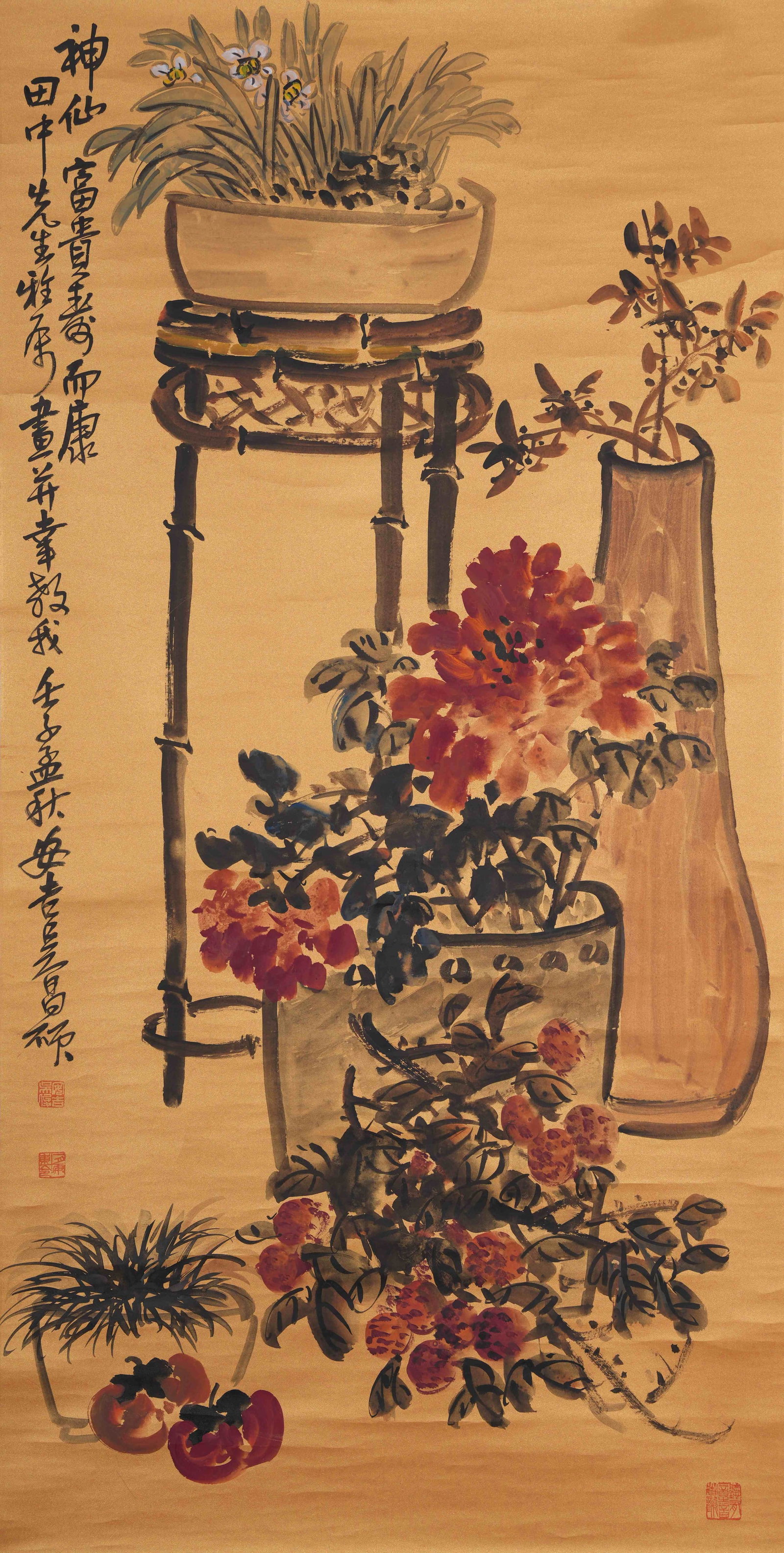 A SCHOLAR'S OFFERINGS PAINTING ON PAPER BY WU CHANGSHUO.吳昌碩: Scholar's Offerings Painting on Paper by Wu Changshuo.吳昌碩