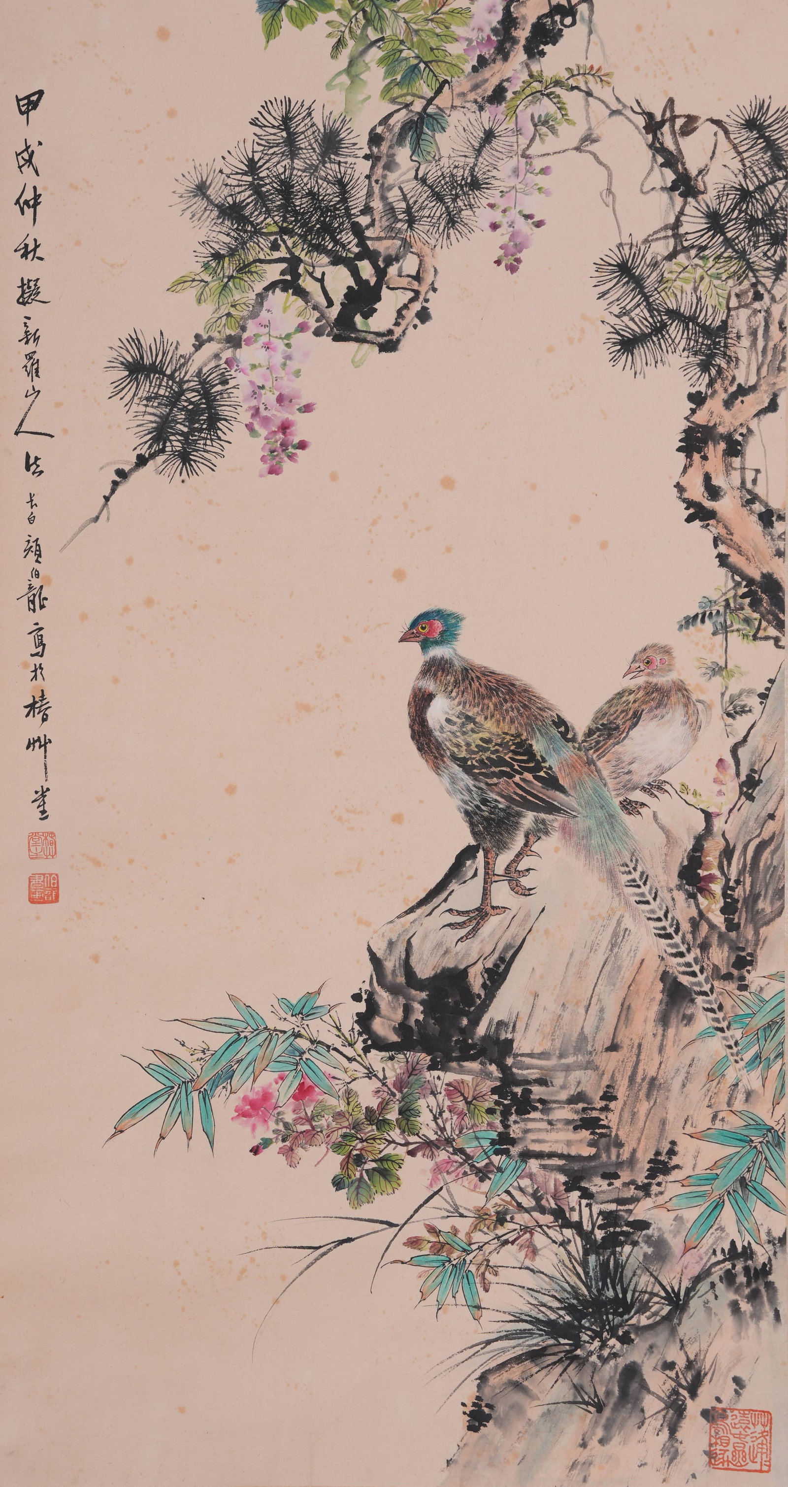 A FLOWER AND BIRD PAINTING ON PAPER BY YAN BOLONG.顏伯龍: Flower and Bird Painting on Paper by Yan Bolong.顏伯龍