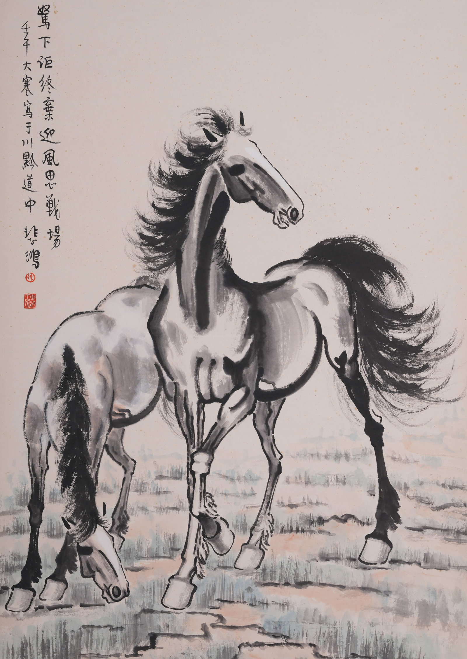 A PAIR OF HORSES PAINTING ON PAPER BY XU BEIHONG.徐悲鴻: Pair of Horses Painting on Paper by Xu Beihong.徐悲鴻