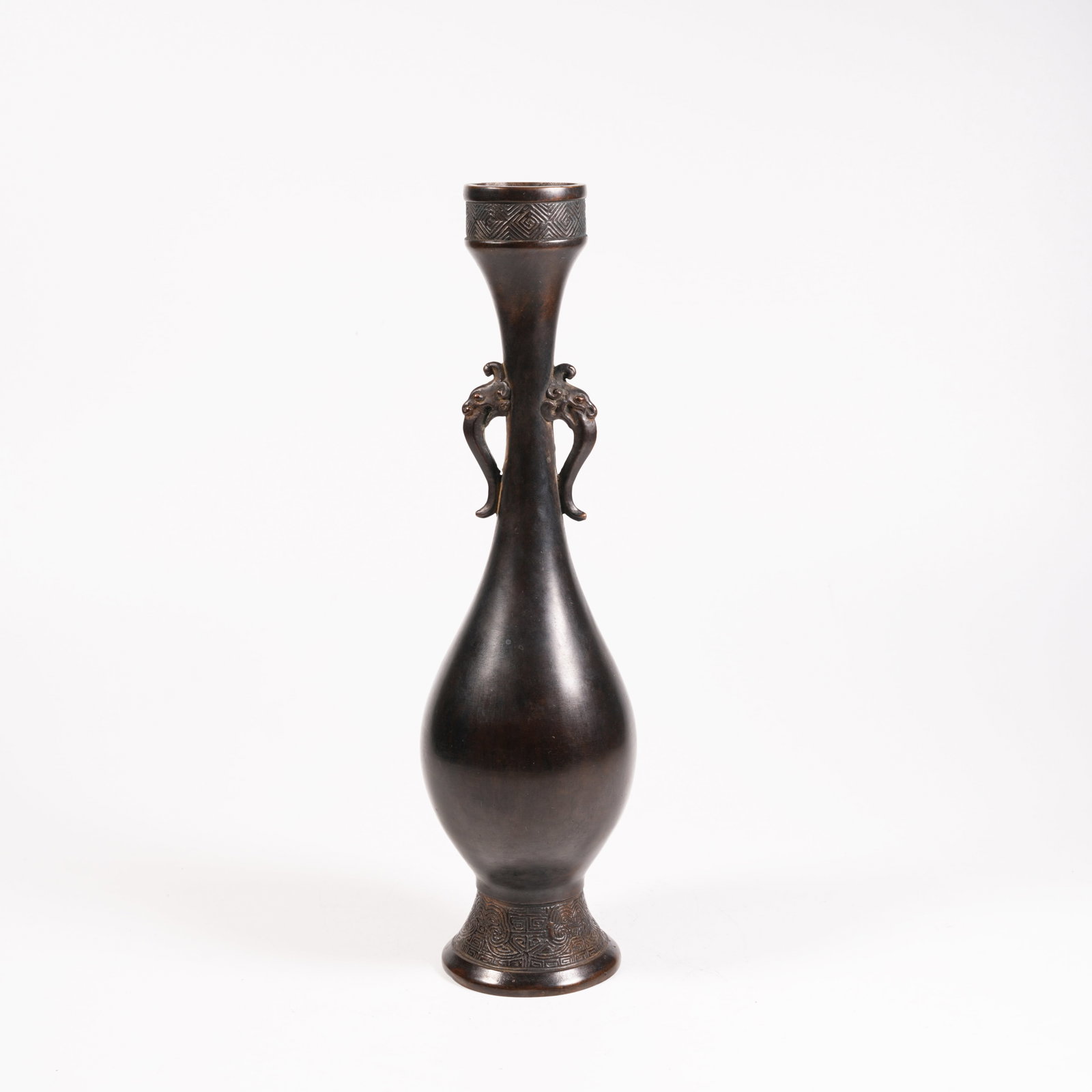 A BRONZE LONG-NECK VASE WITH BEAST EARS: Bronze Long-Neck Vase with Beast Ears