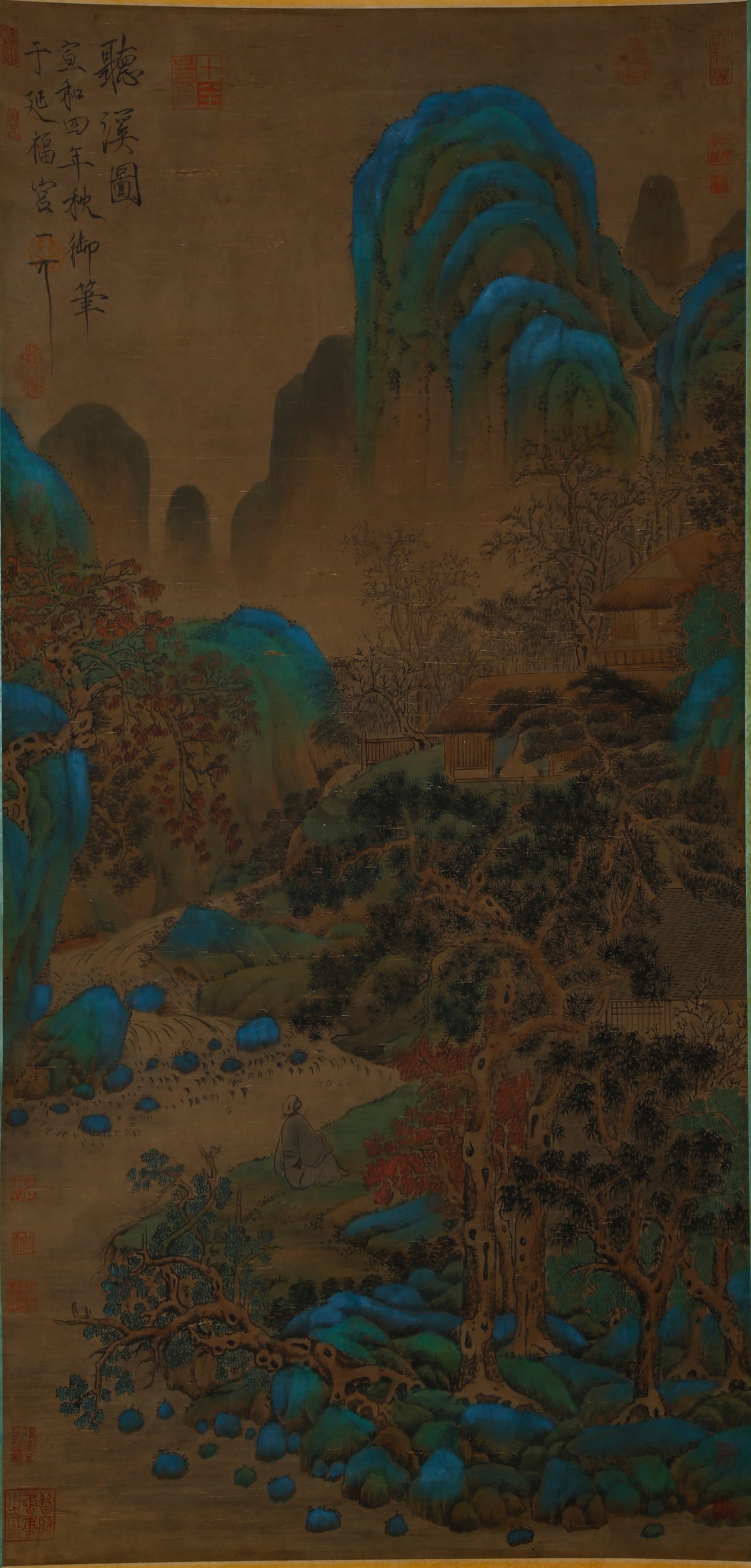 A LANDSCAPE PAINTING ON SILK BY EMPEROR HUIZONG OF SONG.宋徽宗: Landscape Painting on Silk by Emperor Huizong of Song.宋徽宗