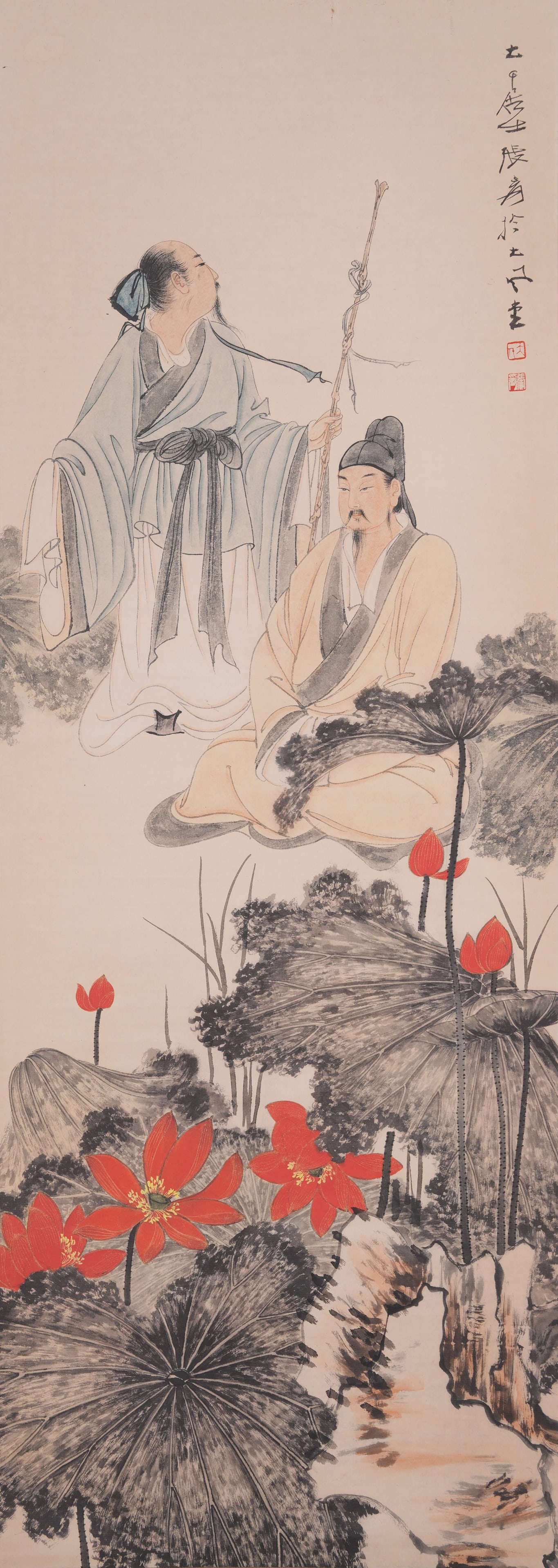 A PAINTING OF LOTUS AND FIGURES ON PAPER BY ZHANG DAQIAN.張大千: Painting of Lotus and Figures on Paper by Zhang Daqian.張大千