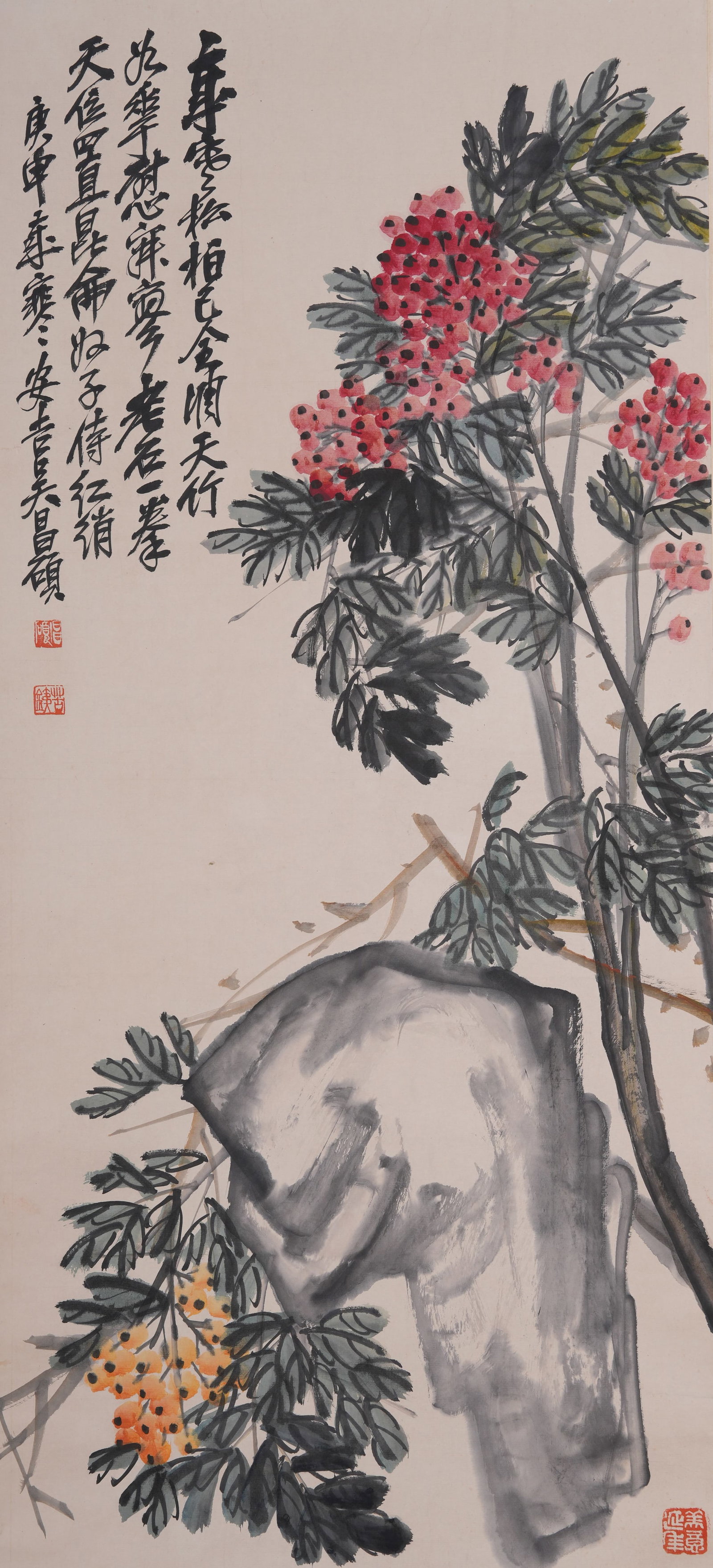 A FLOWER PAINTING ON PAPER BY WU CHANGSHUO.吳昌碩: Flower Painting on Paper by Wu Changshuo.吳昌碩