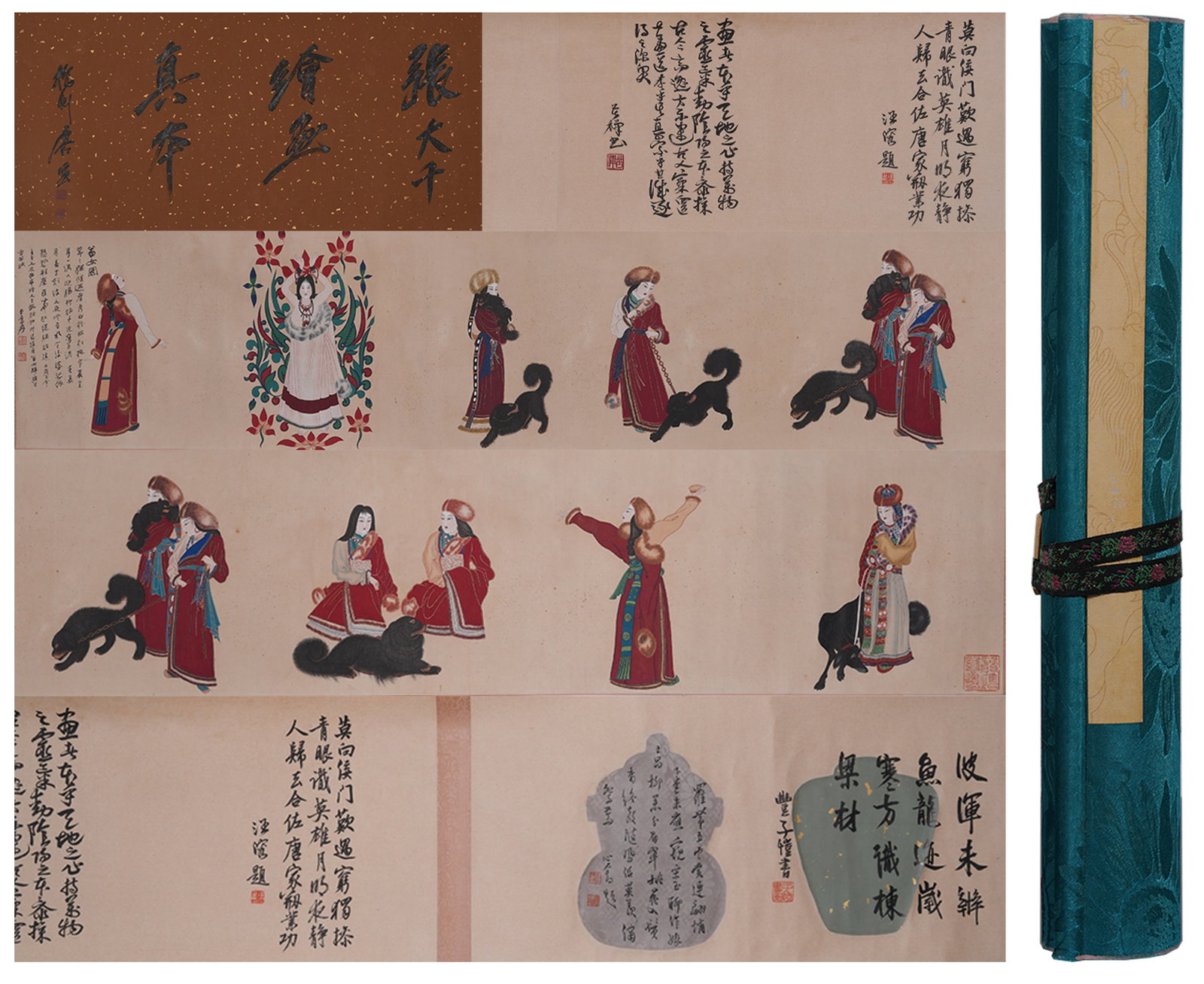A HANDSCROLL OF TRIBAL LADIES PAINTING ON PAPER BY ZHANG DAQIAN.張大千: Handscroll of Tribal Ladies Painting on Paper by Zhang Daqian.張大千