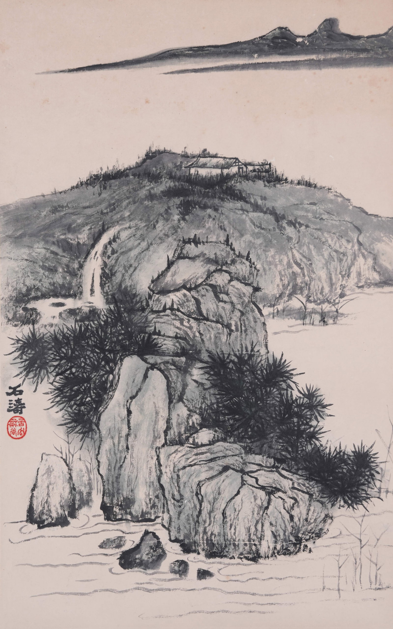 A PAINTING OF LANDSCAPE ON PAPER BY SHITAO.石濤: Painting of Landscape on Paper by Shitao.石濤