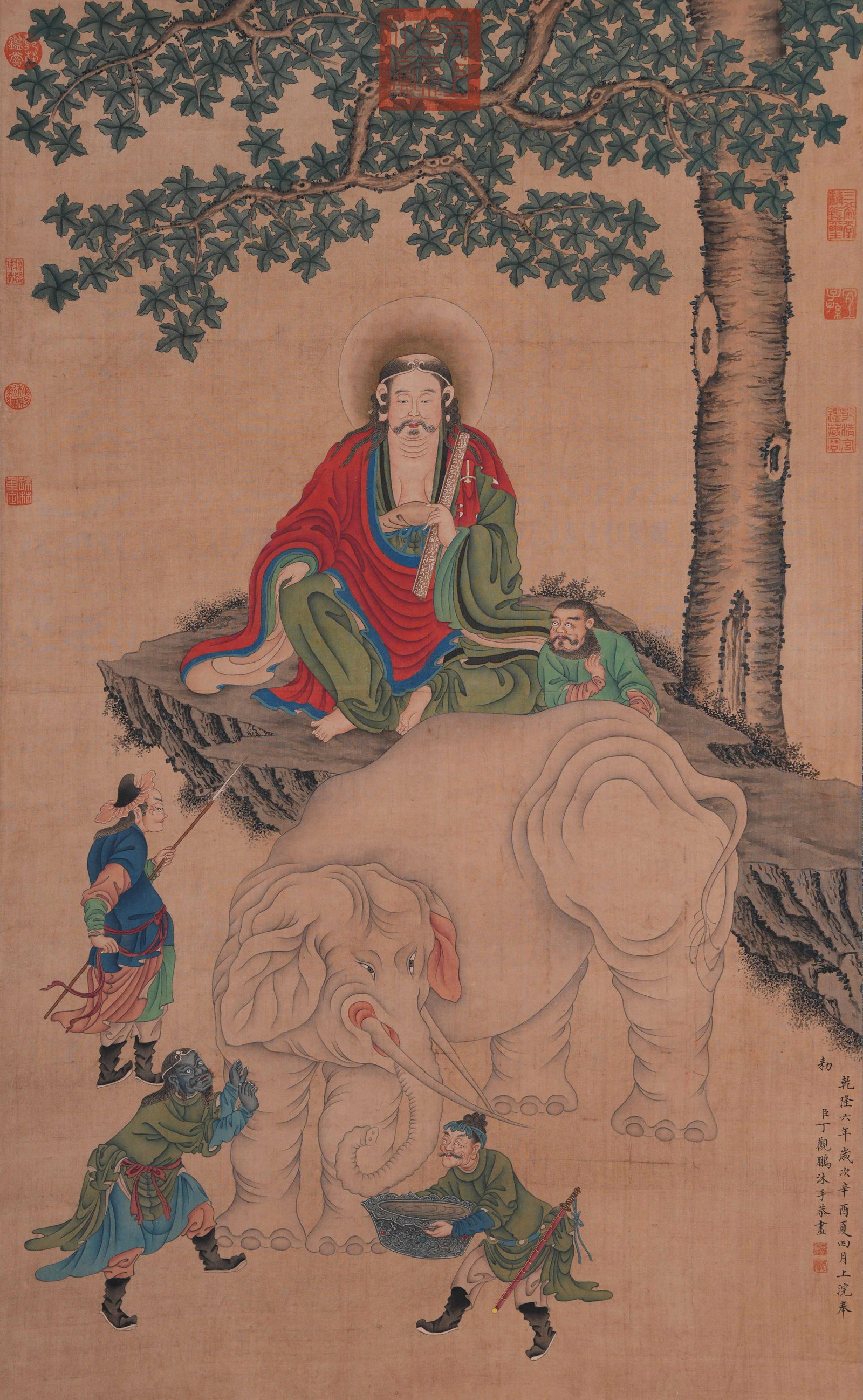 A HOLY STATUE PAINTING ON SILK BY DING GUANPENG.丁觀鵬: Holy Statue Painting on Silk by Ding Guanpeng.丁觀鵬