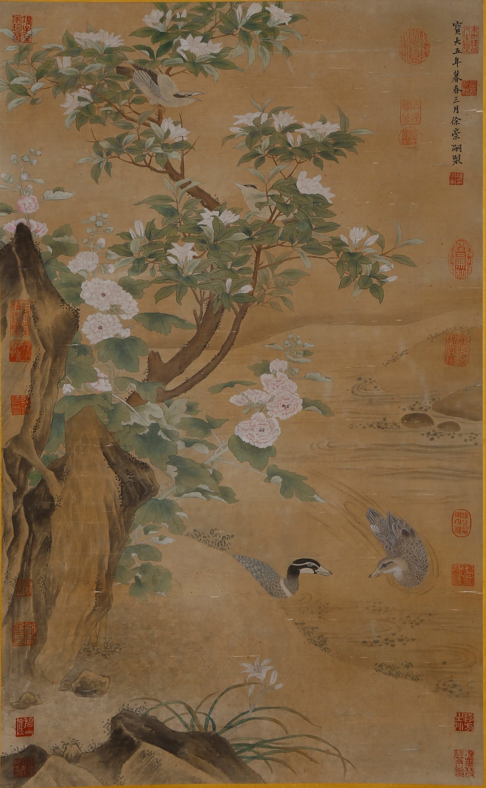 A FLOWER AND BIRD PAINTING ON SILK BY XU CHONGSI.徐崇嗣: Flower and Bird Painting on Silk by Xu Chongsi.徐崇嗣