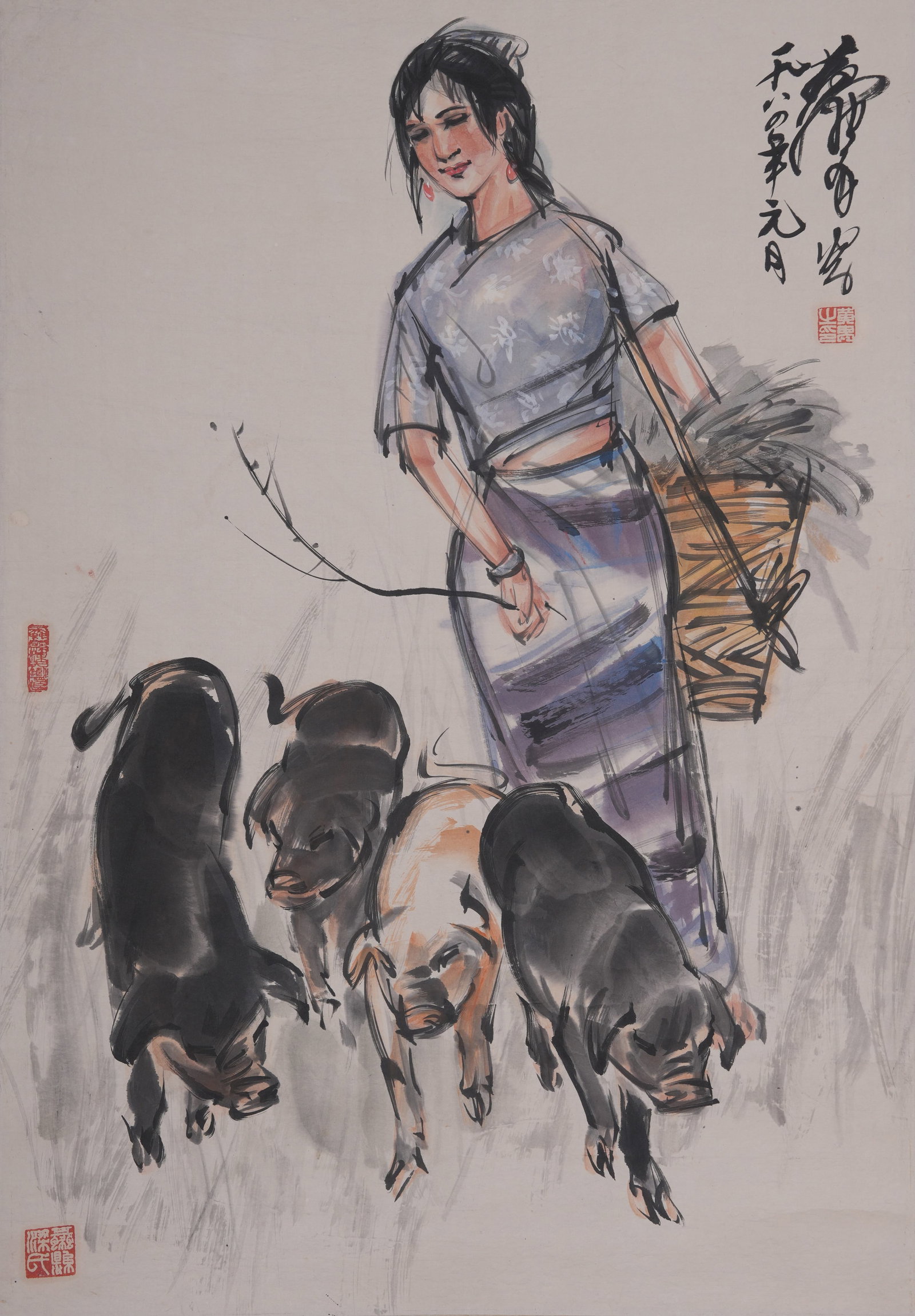 A HERDING PIGS PAINTING ON PAPER BY HUANG ZHOU.黃胄: Herding Pigs Painting on Paper by Huang Zhou.黃胄