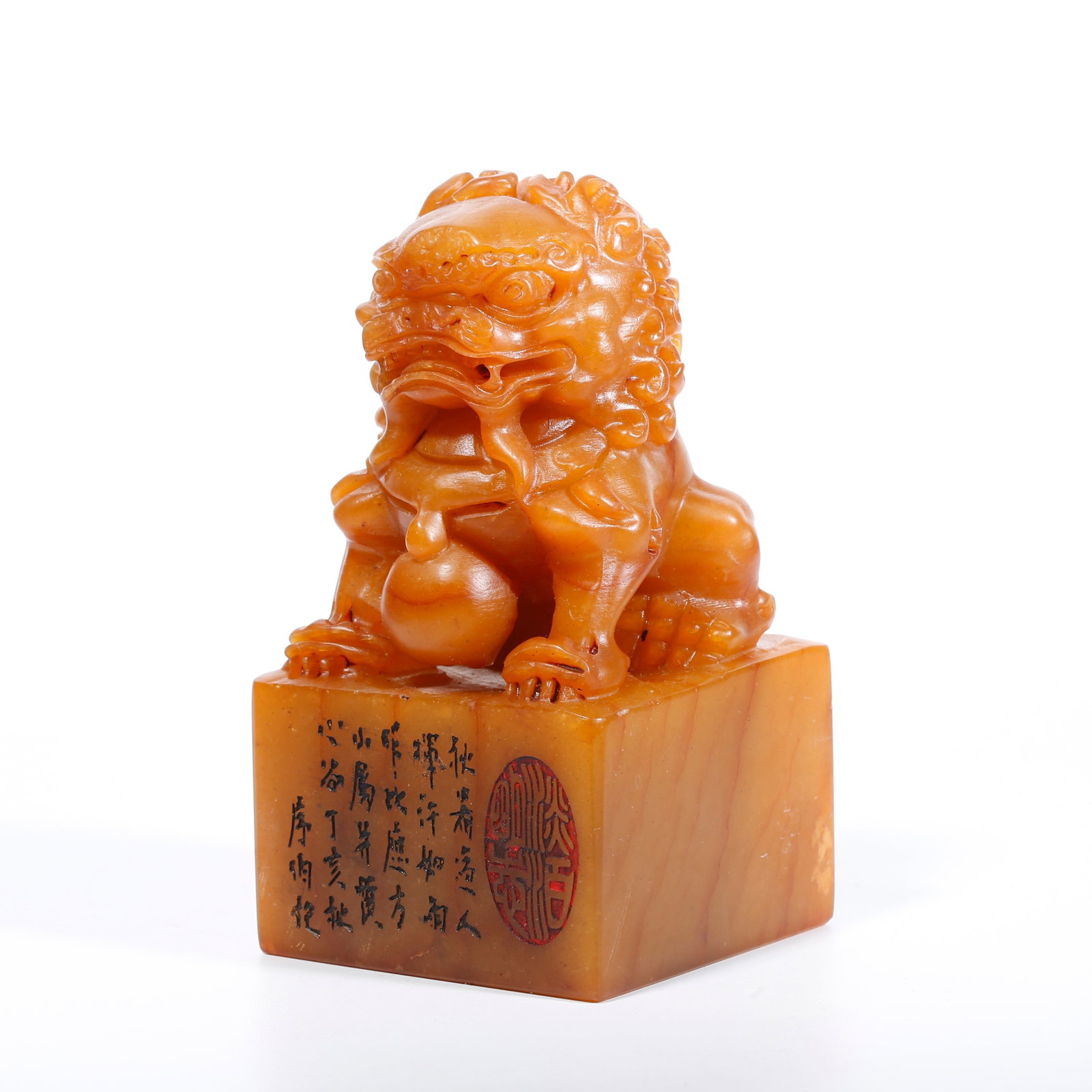 A SHOUSHAN TIANHUANG STONE SEAL WITH LION KNOB: Shoushan Tianhuang Stone Seal with Lion Knob