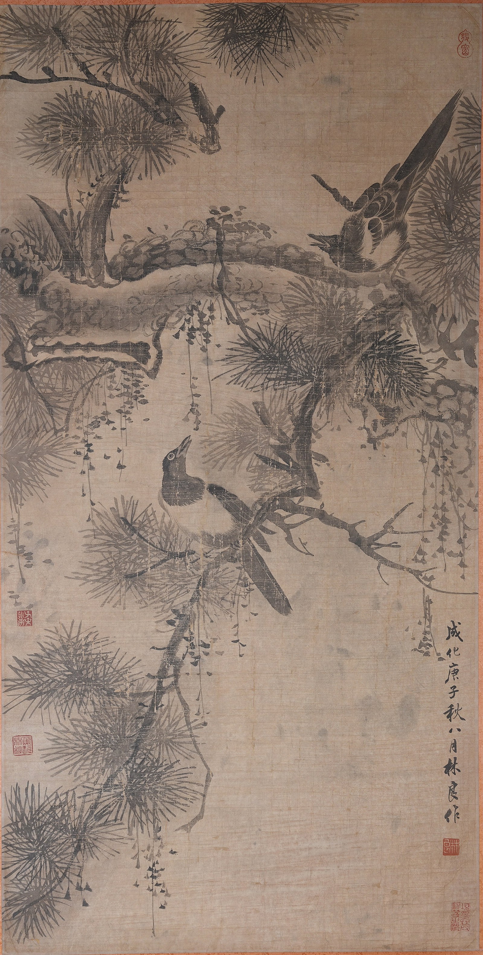 A FLOWER AND BIRD PAINTING ON SILK BY LIN LIANG.林良: Flower and Bird Painting on Silk by Lin Liang.林良