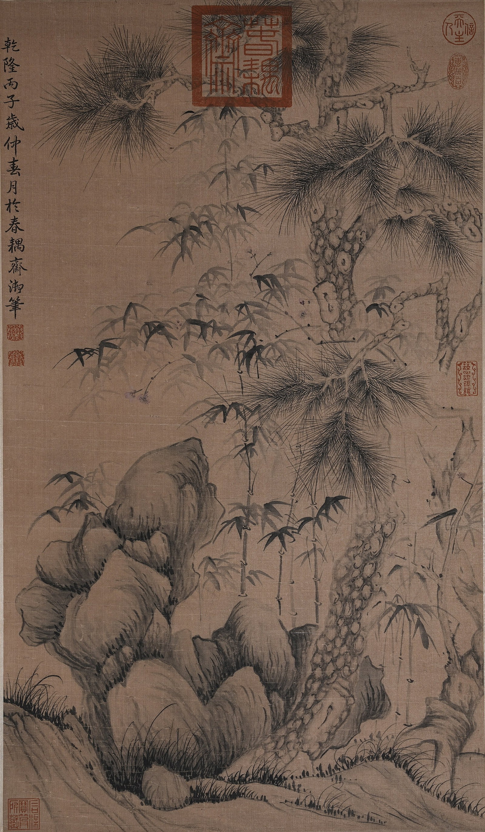 A THREE FRIENDS OF WINTER PAINTING ON SILK IMPERIAL BRUSHWORK OF EMPEROR QIANLONG.乾隆: Three Friends of Winter Painting on Silk Imperial Brushwork of Emperor Qianlong.乾隆