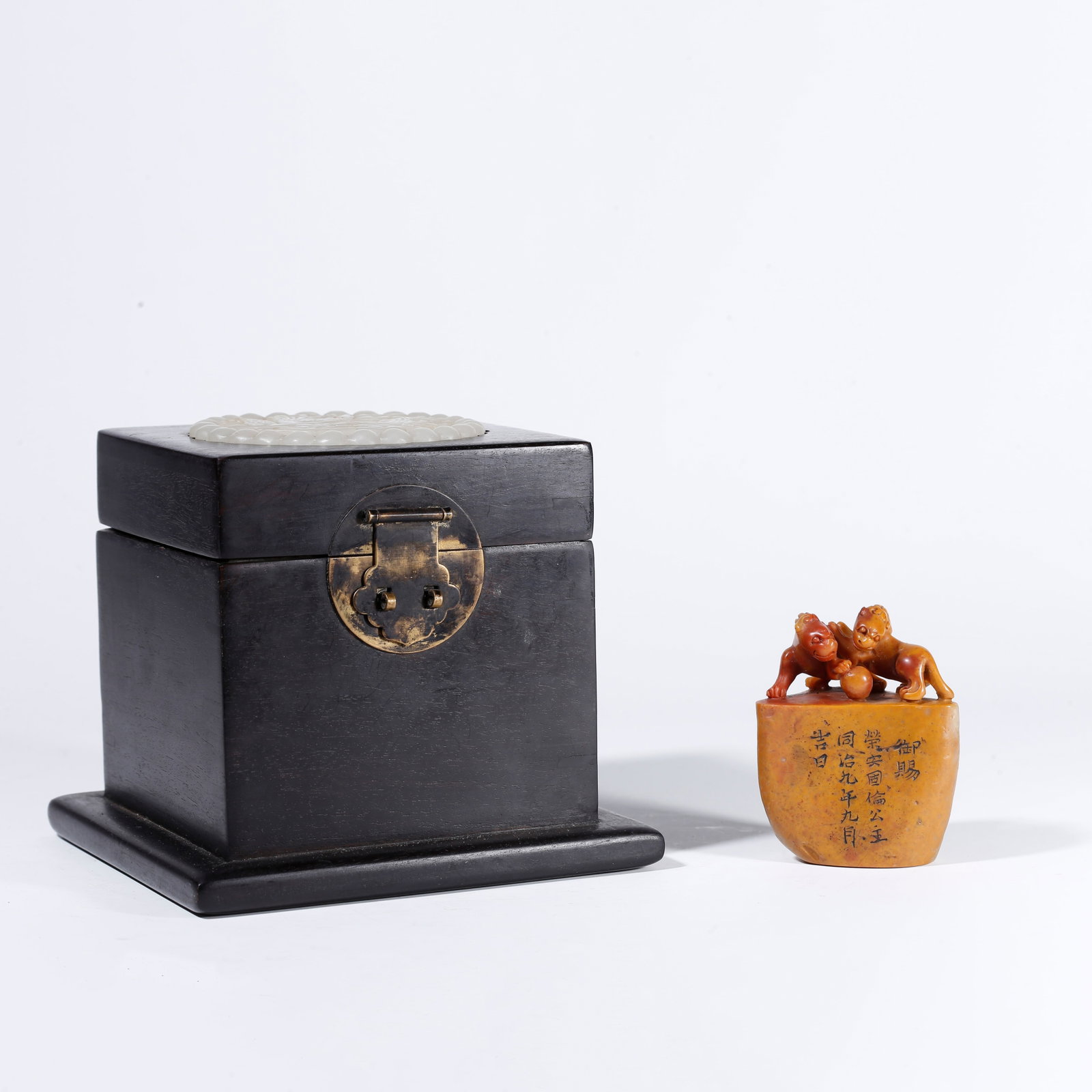 A SHOUSHAN STONE SEAL WITH BEAST KNOB: Shoushan Stone Seal with Beast Knob
