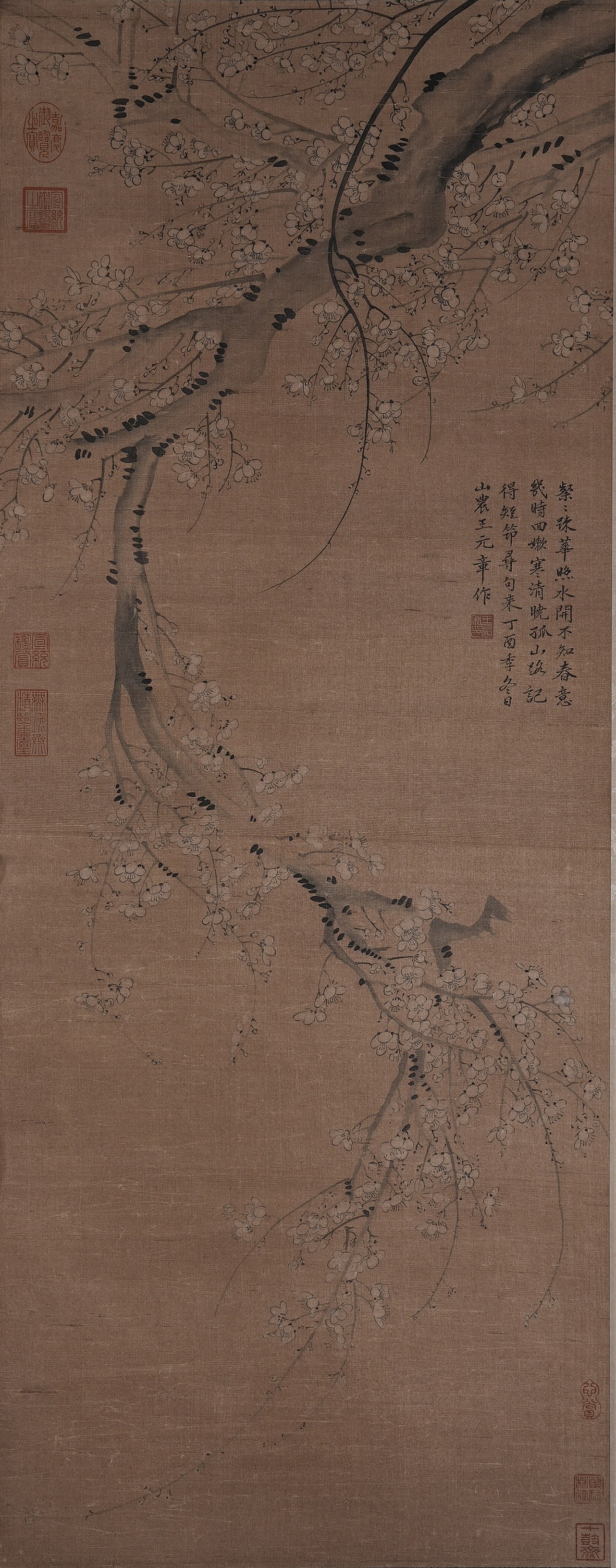 A PLUM BLOSSOM PAINTING ON SILK BY WANG MIAN.王冕: Plum Blossom Painting on Silk by Wang Mian.王冕