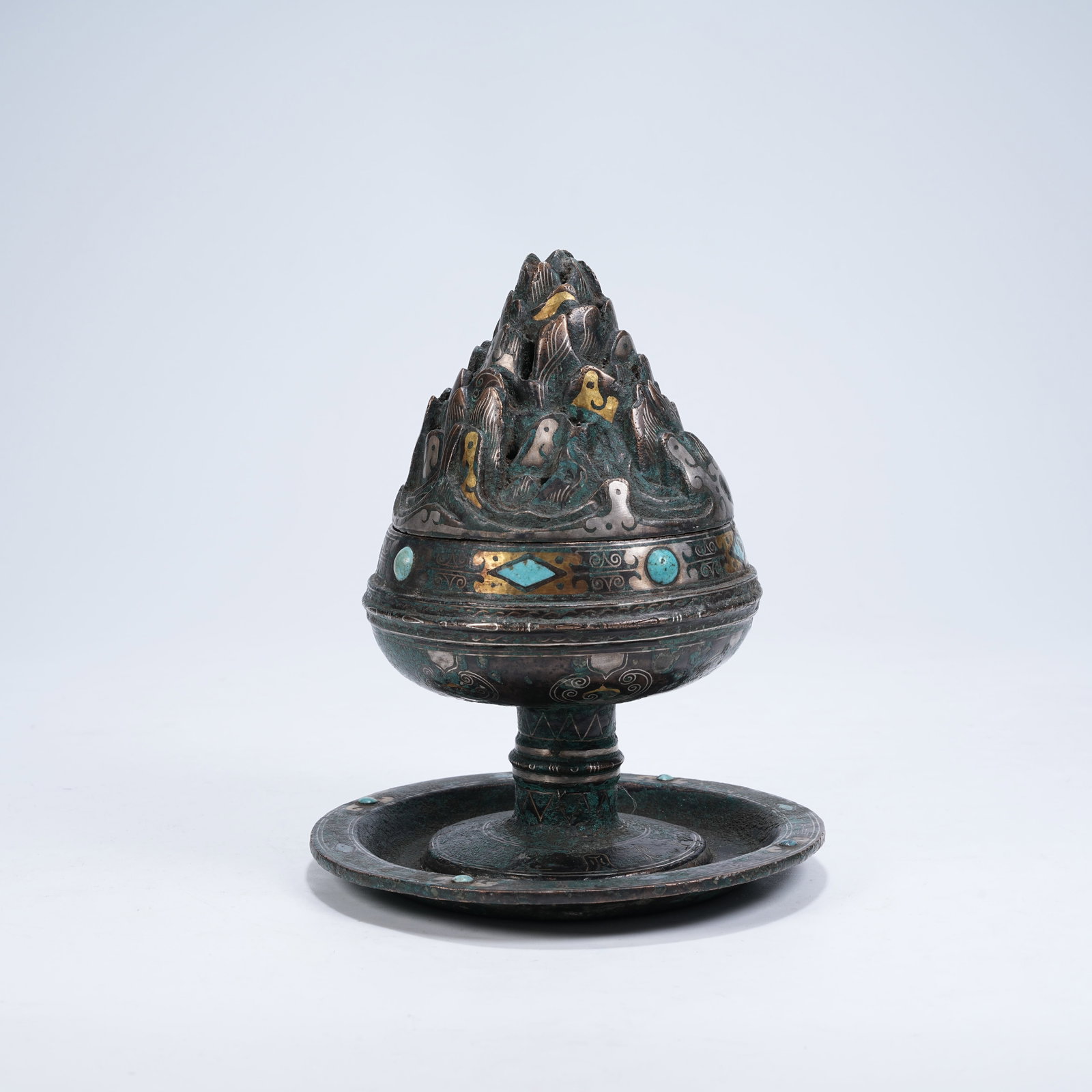 A BOSHAN CENSER INLAID WITH GOLD AND SILVER IN BRONZE: Boshan Censer Inlaid with Gold and Silver in Bronze