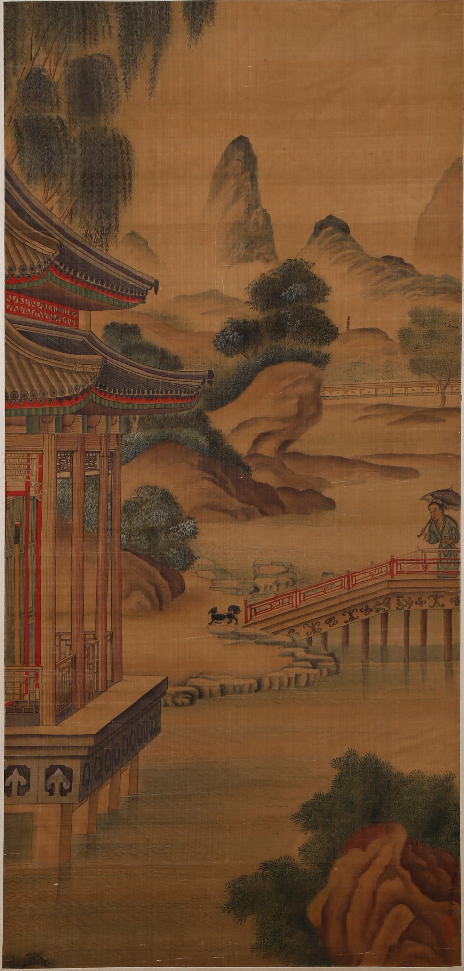 A LANDSCAPE AND PAVILION PAINTING ON SILK BY GIUSEPPE CASTIGLIONE.郎世寧: Landscape and Pavilion Painting on Silk by Giuseppe Castiglione.郎世寧