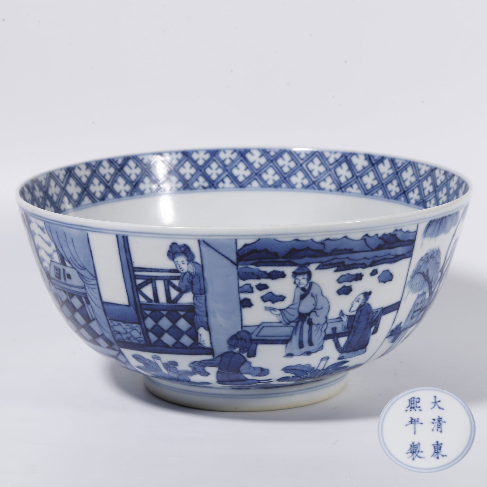 A BLUE AND WHITE BOWL WITH FIGURE STORY PATTERNS: Blue and White Bowl with Figure Story Patterns