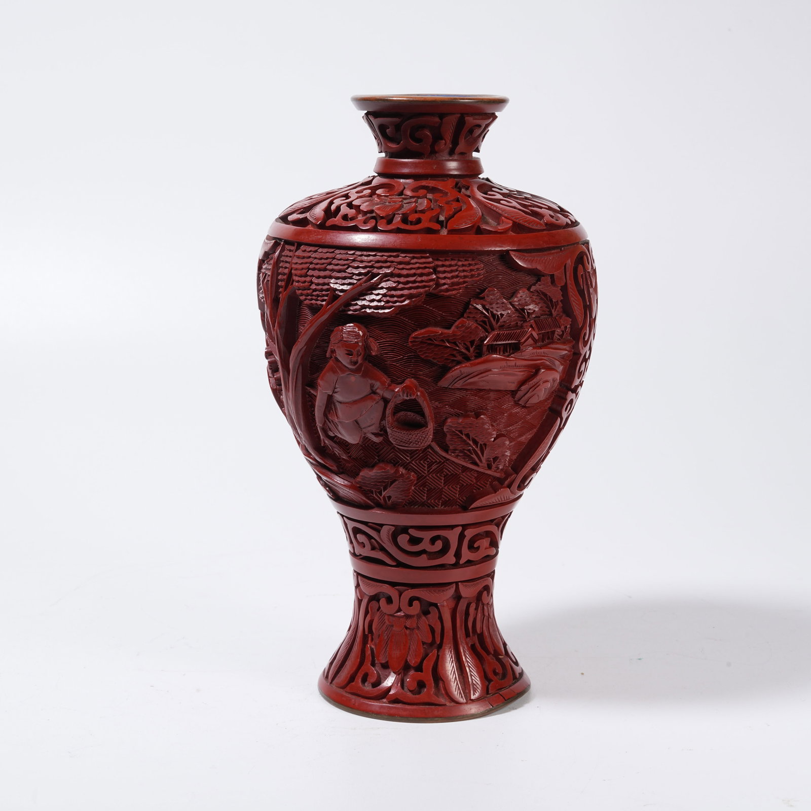 A CARVED LACQUER PLUM VASE WITH FIGURE STORY PATTERNS (1 of 9)