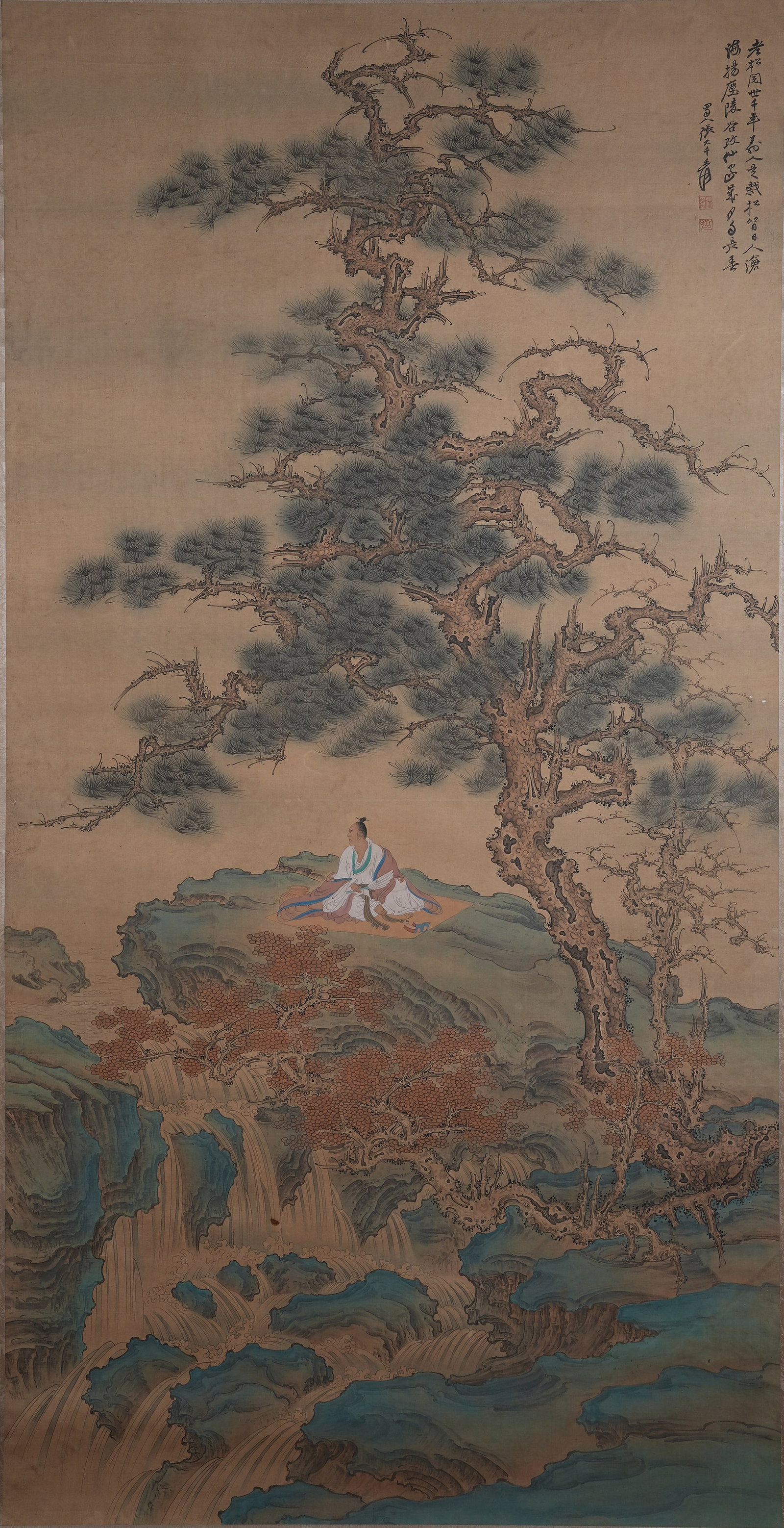 A SCHOLARS UNDER PINE TREES PAINTING ON SILK BY ZHANG DAQIAN.張大千: Scholars Under Pine Trees Painting on Silk by Zhang Daqian.張大千