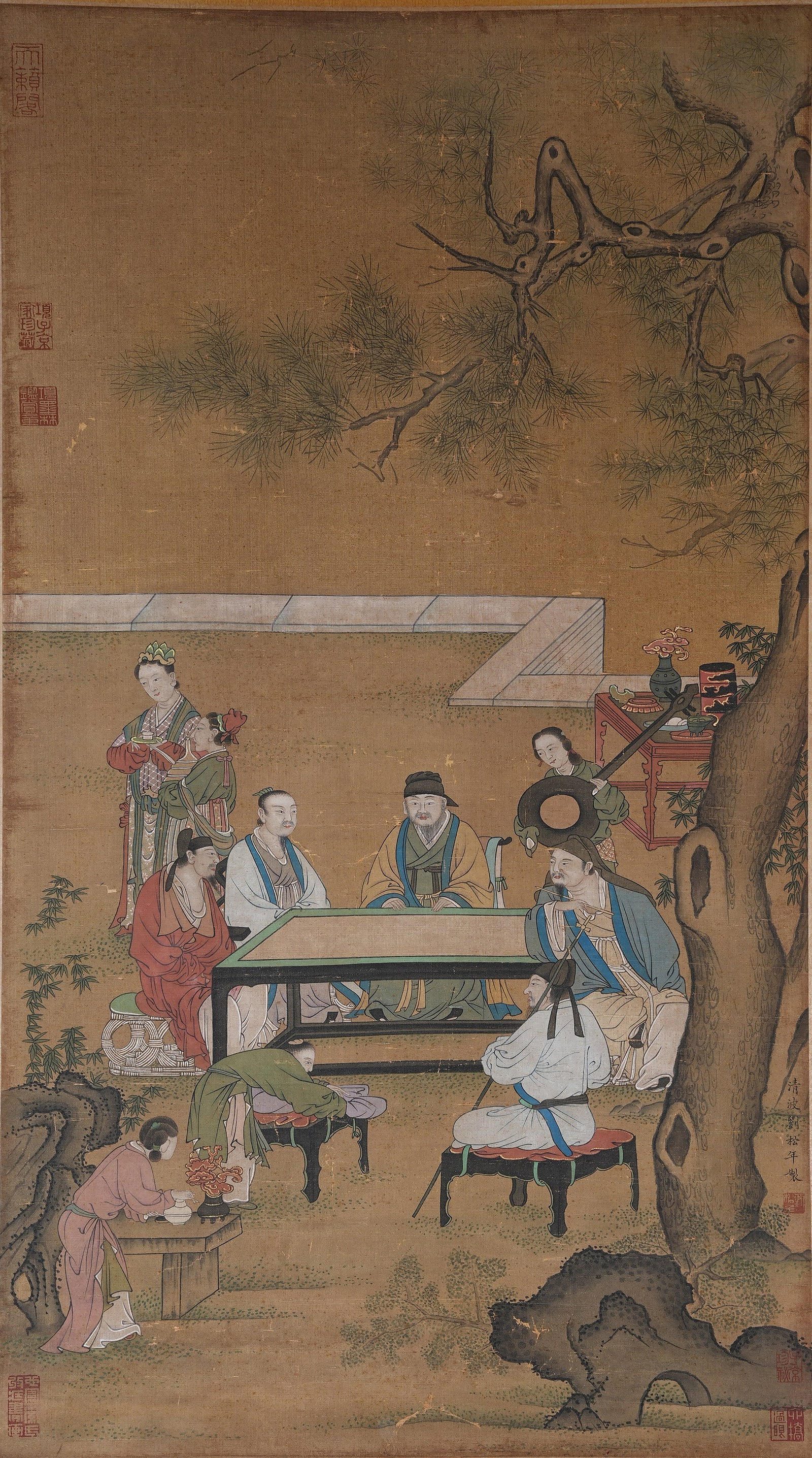 A GATHERING OF SCHOLARS UNDER PINE TREES PAINTING ON SILK BY LIU SONGNIAN.劉松年: Gathering of Scholars Under Pine Trees Painting on Silk by Liu Songnian.劉松年