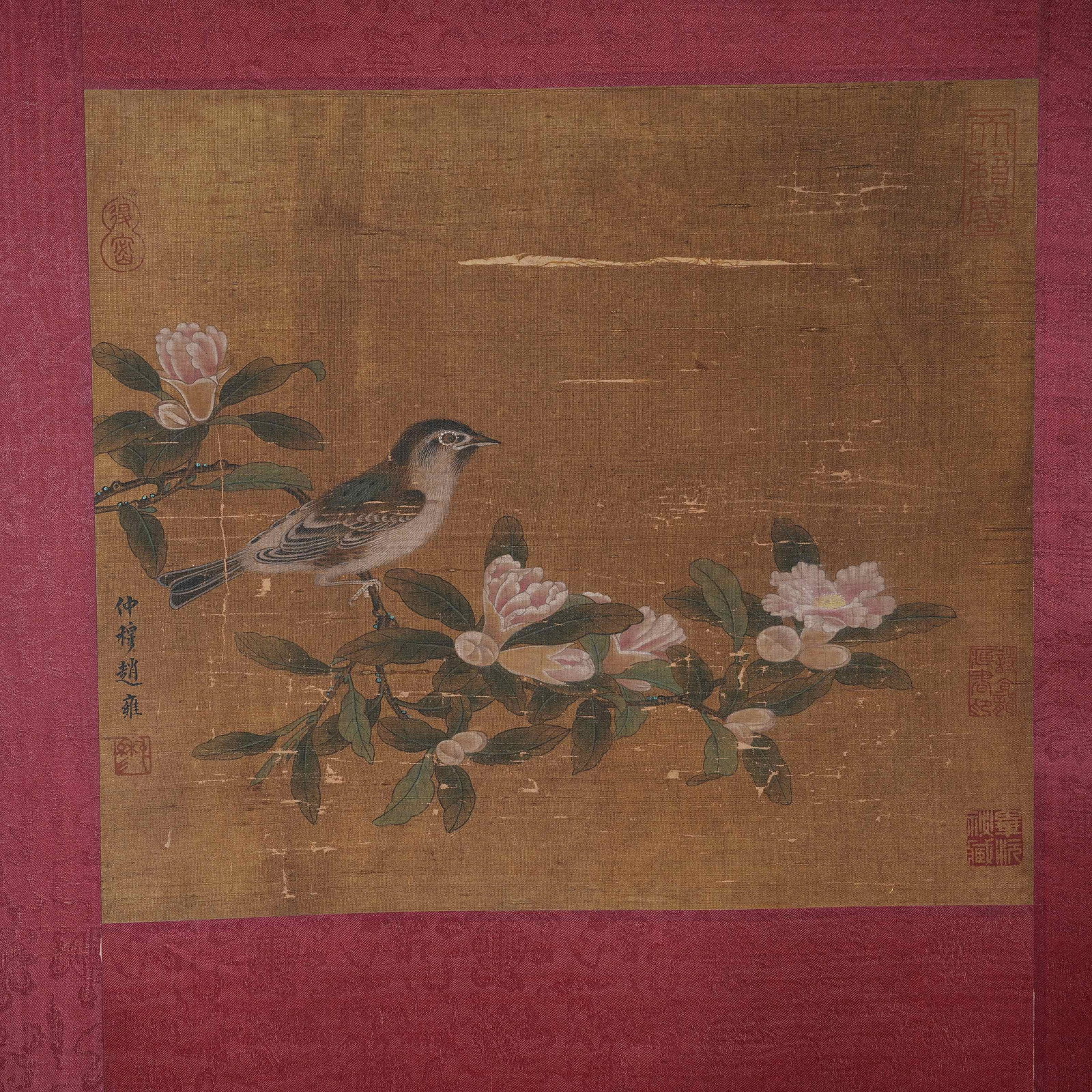 A FLOWER AND BIRD PAINTING CORE ON SILK BY ZHAO YONG.趙雍: Flower and Bird Painting Core on Silk by Zhao Yong.趙雍