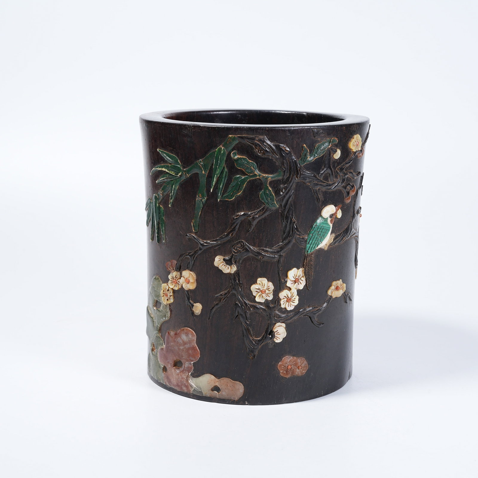 A HUANGHUALI WOOD BRUSH POT INLAID WITH HUNDRED TREASURES FLOWER AND BIRD PATTERNS: Huanghuali Wood Brush Pot Inlaid with Hundred Treasures Flower and Bird Patterns