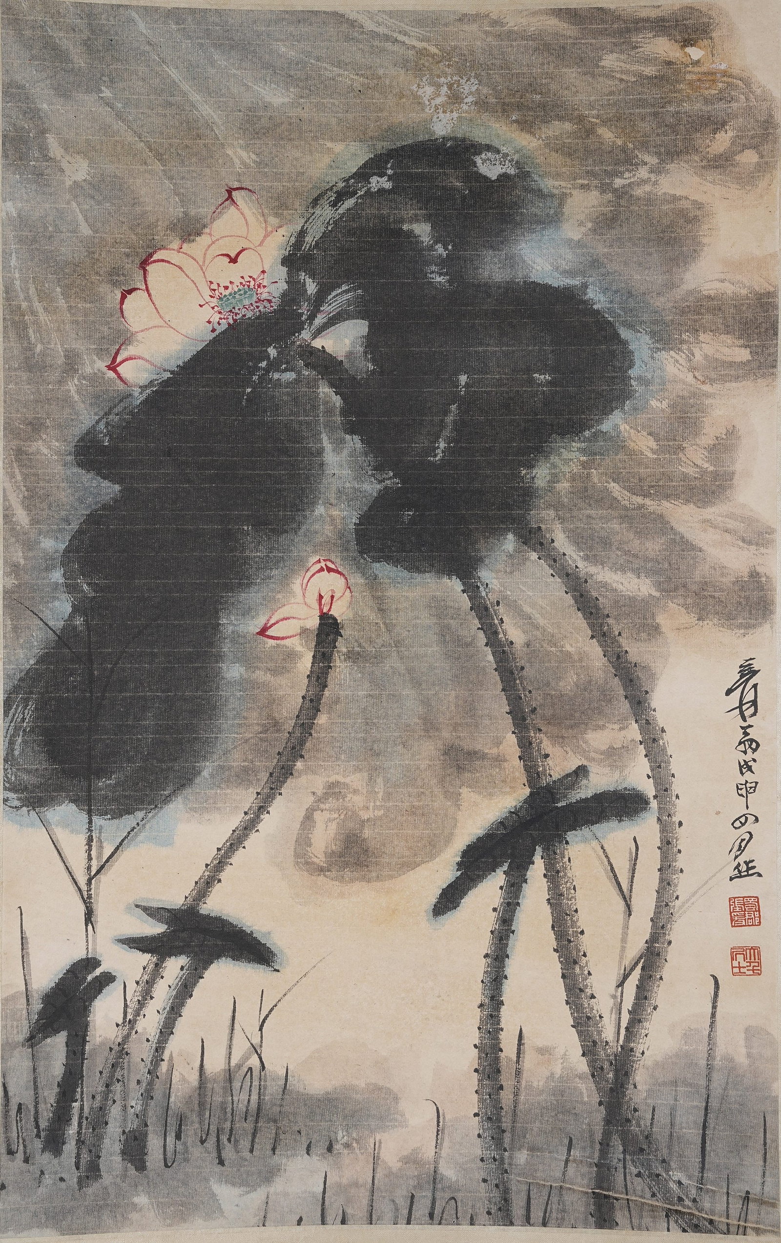 A LOTUS PAINTING ON SILK BY ZHANG DAQIAN.張大千: Lotus Painting on Silk by Zhang Daqian.張大千