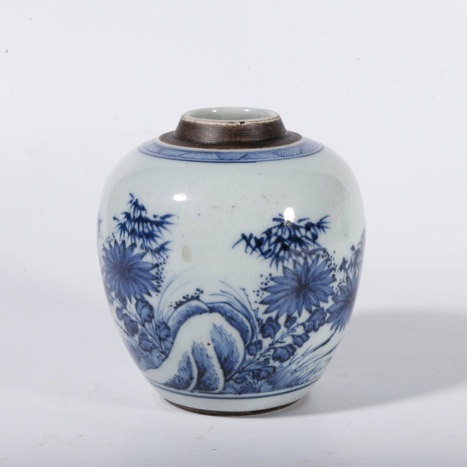A BLUE AND WHITE JAR WITH ROCKERY AND FLOWER PLATE PATTERNS: Blue and White Jar with Rockery and Flower Plate Patterns
