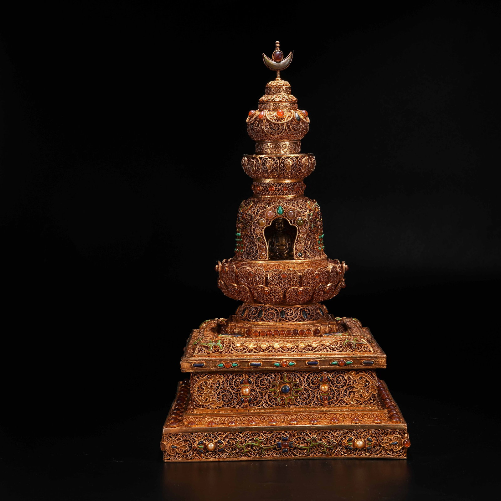 A GILT BRONZE FILIGREE BUDDHIST STUPA: Gilt Bronze Filigree Buddhist Stupa
