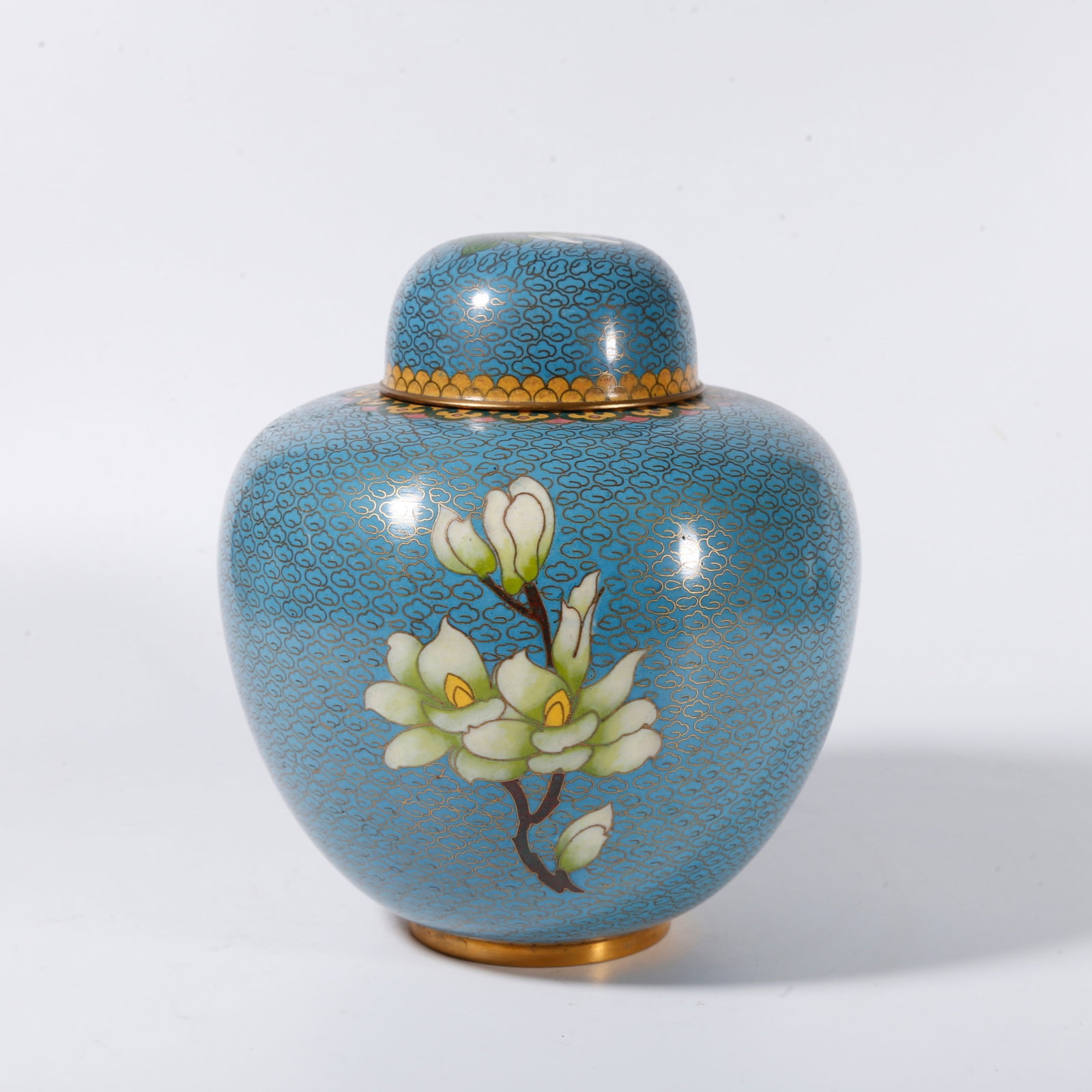 A CLOISONNE COVERED JAR WITH FLORAL PATTERNS ON BRONZE BODY (1 of 9)