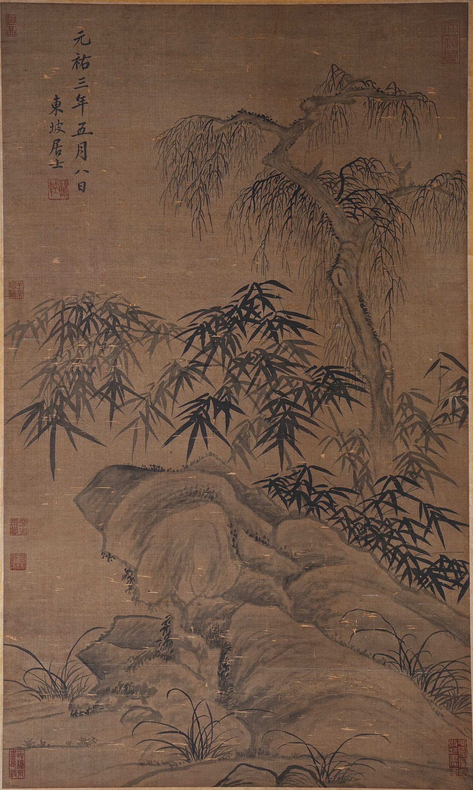 A STRANGE ROCK AND FLOWER PAINTING ON SILK BY SU SHI.蘇軾: Strange Rock and Flower Painting on Silk by Su Shi.蘇軾