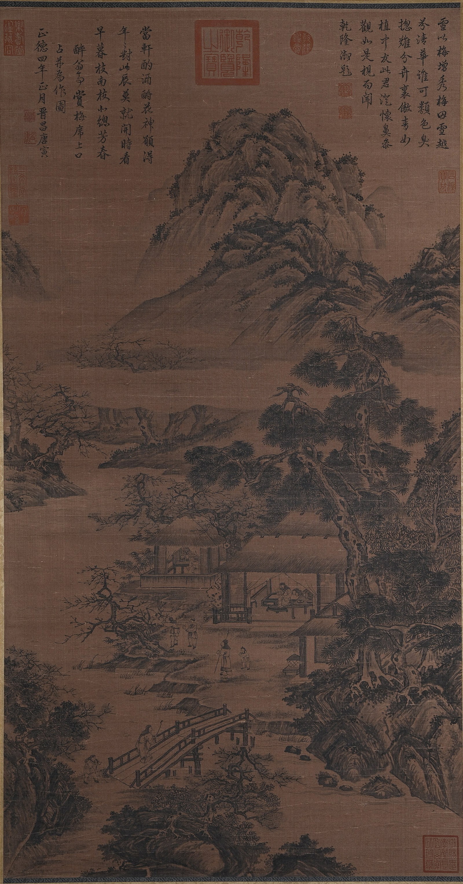 A PLUM APPRECIATION PAINTING ON SILK BY TANG YIN.唐寅: Plum Appreciation Painting on Silk by Tang Yin.唐寅