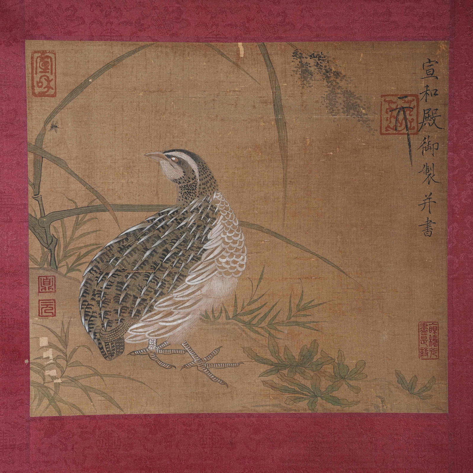 A FLOWER AND BIRD PAINTING CORE ON SILK BY EMPEROR HUIZONG OF SONG.宋徽宗: Flower and Bird Painting Core on Silk by Emperor Huizong of Song.宋徽宗