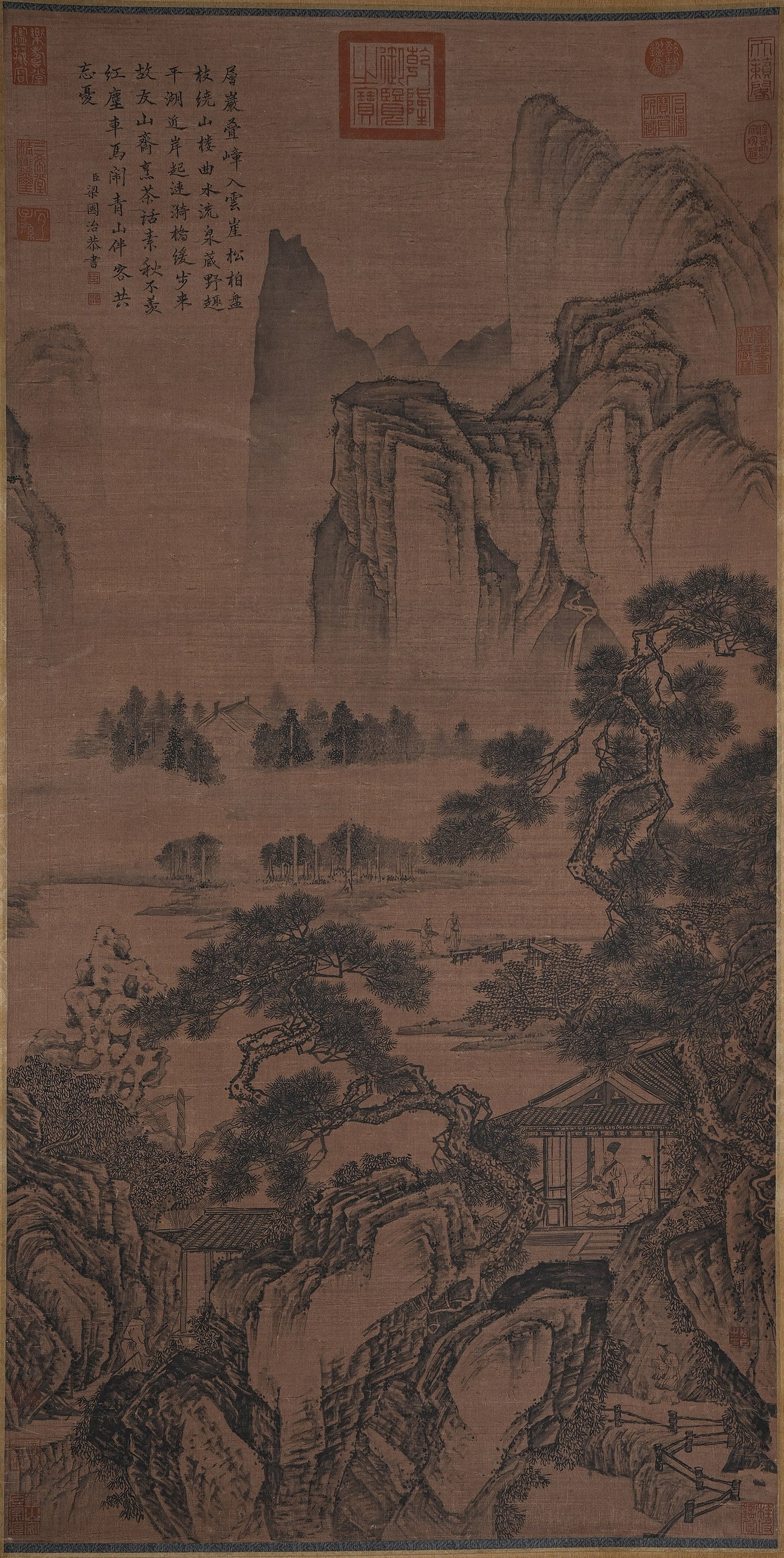 A VISITORS TO MOUNTAIN STUDY PAINTING ON SILK BY ZHOU CHEN.周臣: Visitors to Mountain Study Painting on Silk by Zhou Chen.周臣