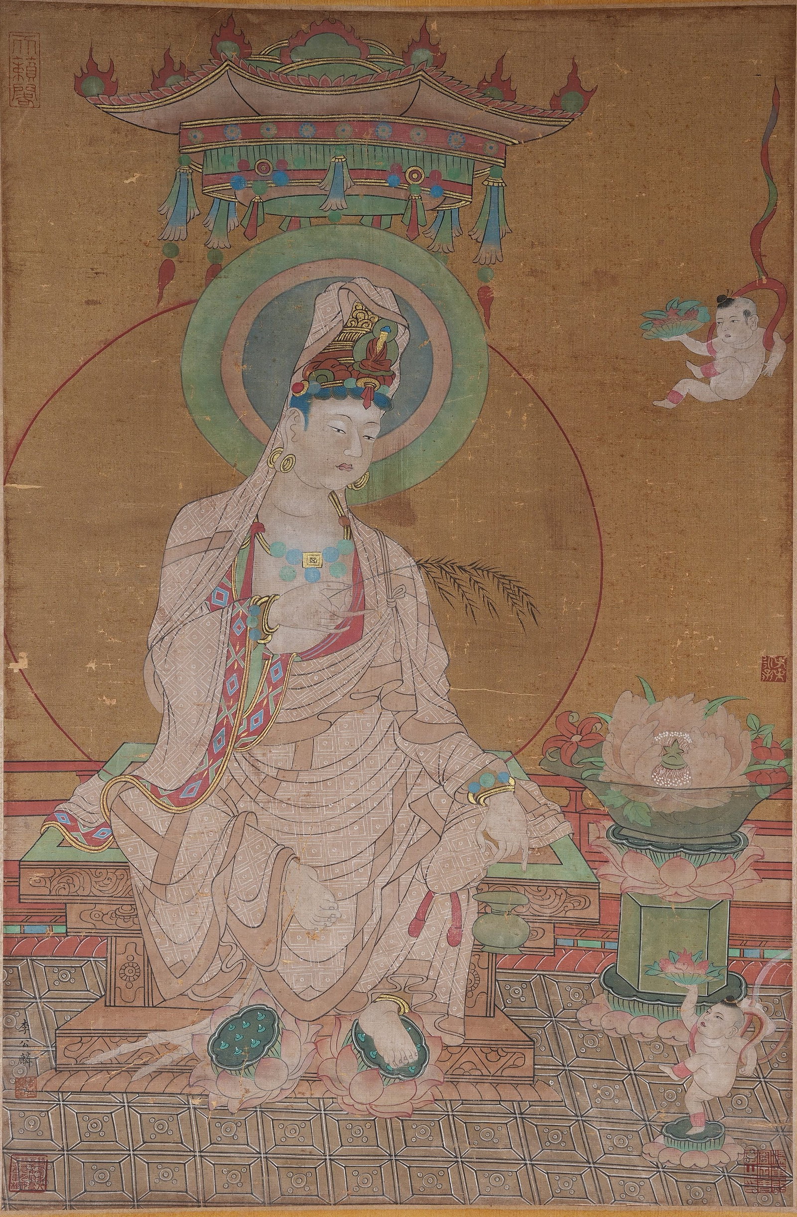 A PORTRAIT OF BODHISATTVA ON SILK BY LI GONGLIN.李公麟: Portrait of Bodhisattva on Silk by Li Gonglin.李公麟