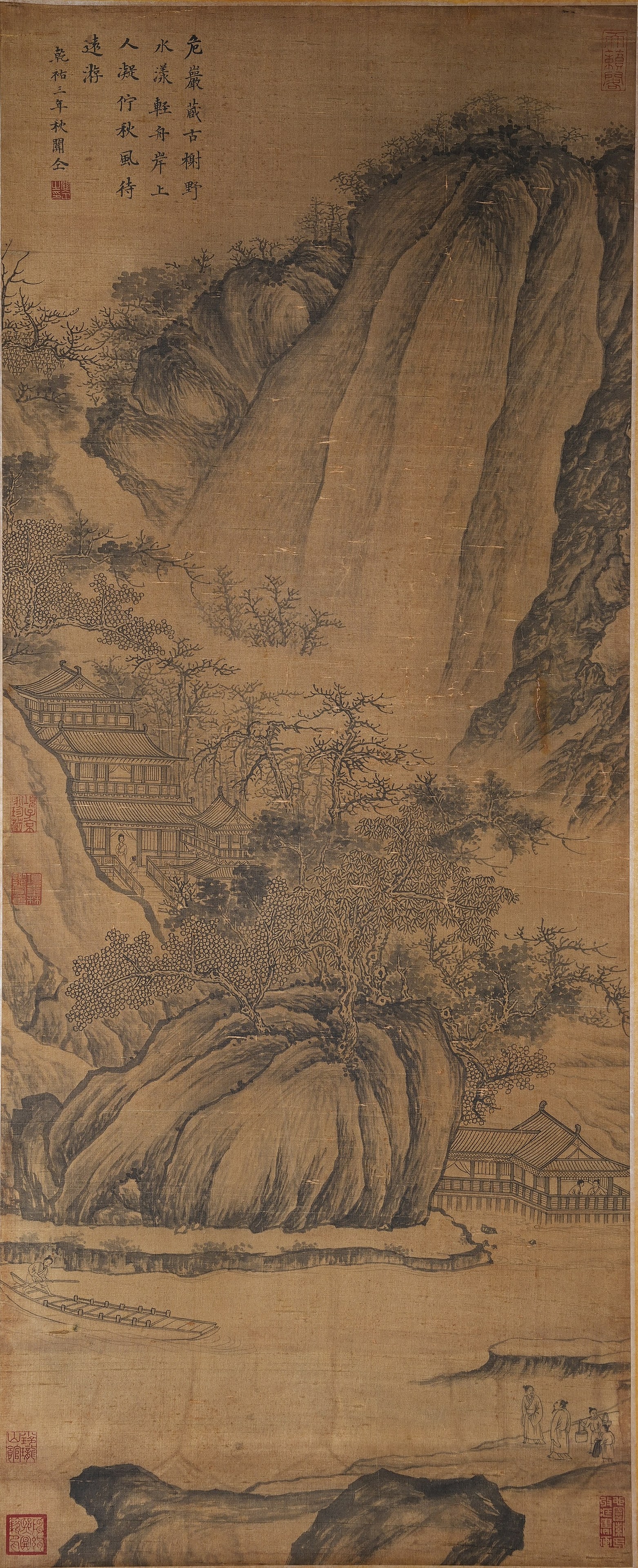 A LANDSCAPE, PAVILION AND FIGURE PAINTING ON SILK BY GUAN TONG.關仝: Landscape, Pavilion and Figure Painting on Silk by Guan Tong.關仝