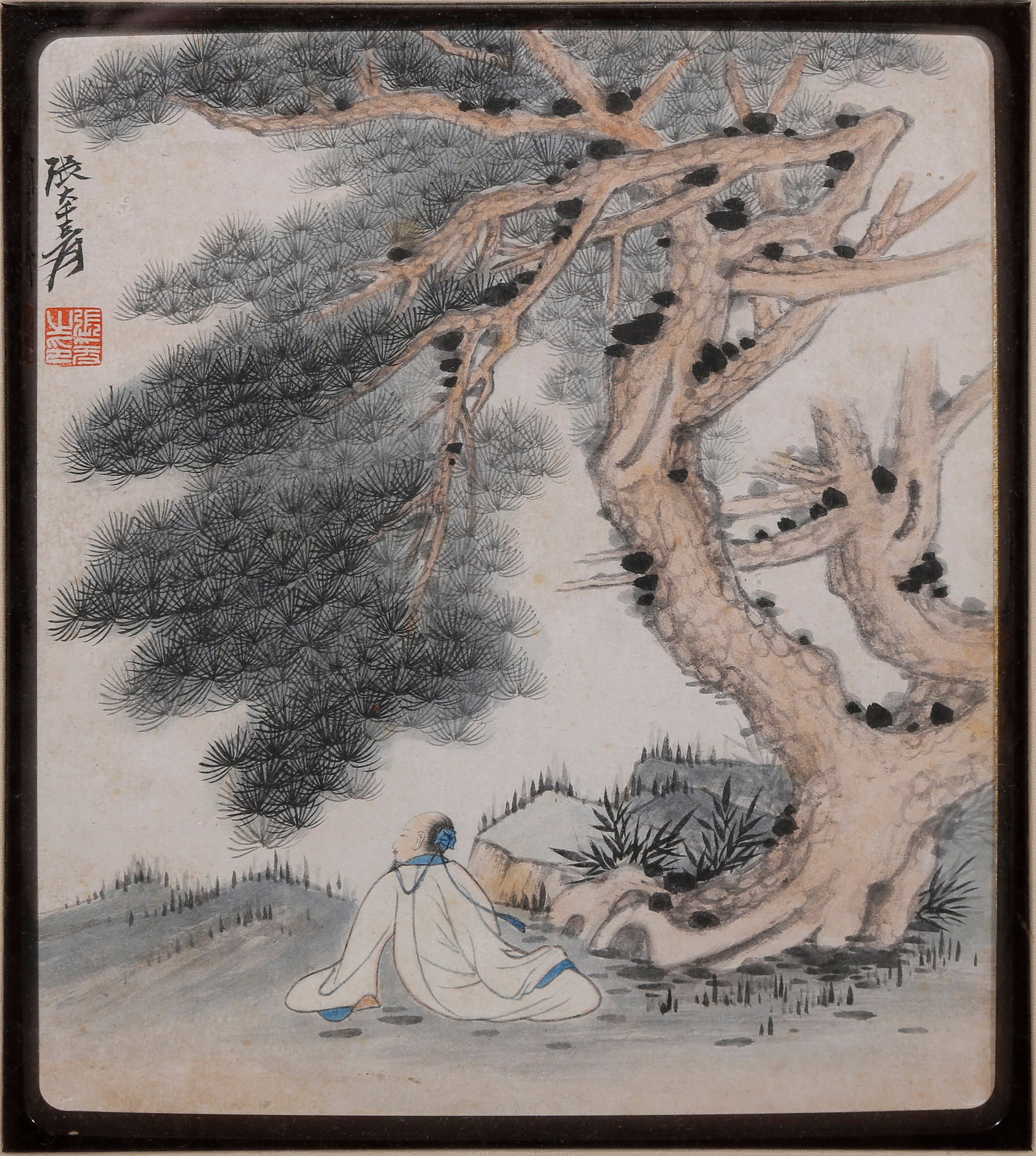 A FIGURE PAINTING ON PAPER BY ZHANG DAQIAN (FRAMED).張大千: Figure Painting on Paper by Zhang Daqian (Framed).張大千