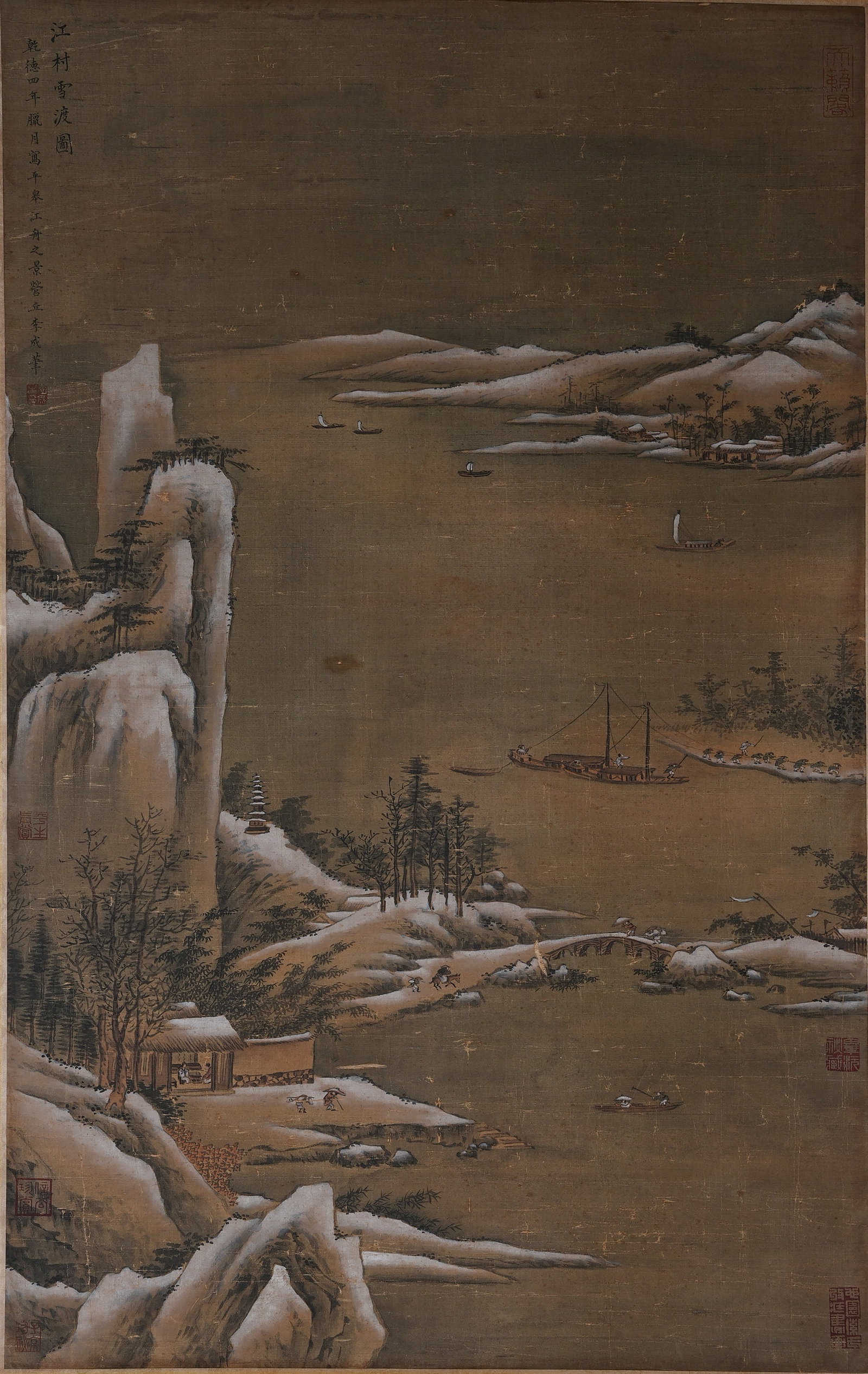 A SNOW FERRY BY RIVERSIDE VILLAGE PAINTING ON SILK BY LI CHENG.李成: Snow Ferry by Riverside Village Painting on Silk by Li Cheng.李成