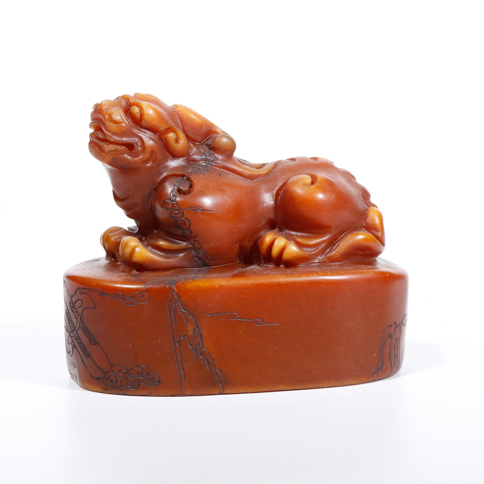 A SHOUSHAN STONE SEAL WITH BEAST KNOB: Shoushan Stone Seal with Beast Knob