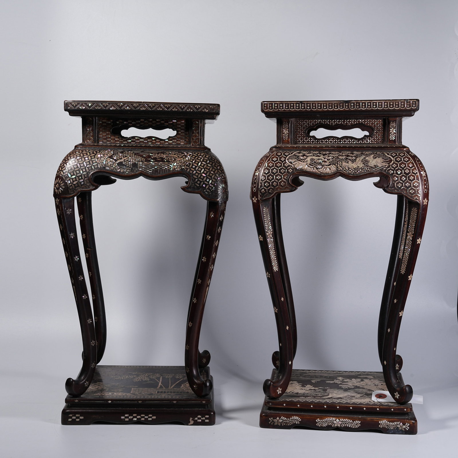 A SET OF WOODEN TABLES INLAID WITH MOTHER-OF-PEARL FIGURE STORY PATTERNS: Set of Wooden Tables Inlaid with Mother-of-pearl Figure Story Patterns