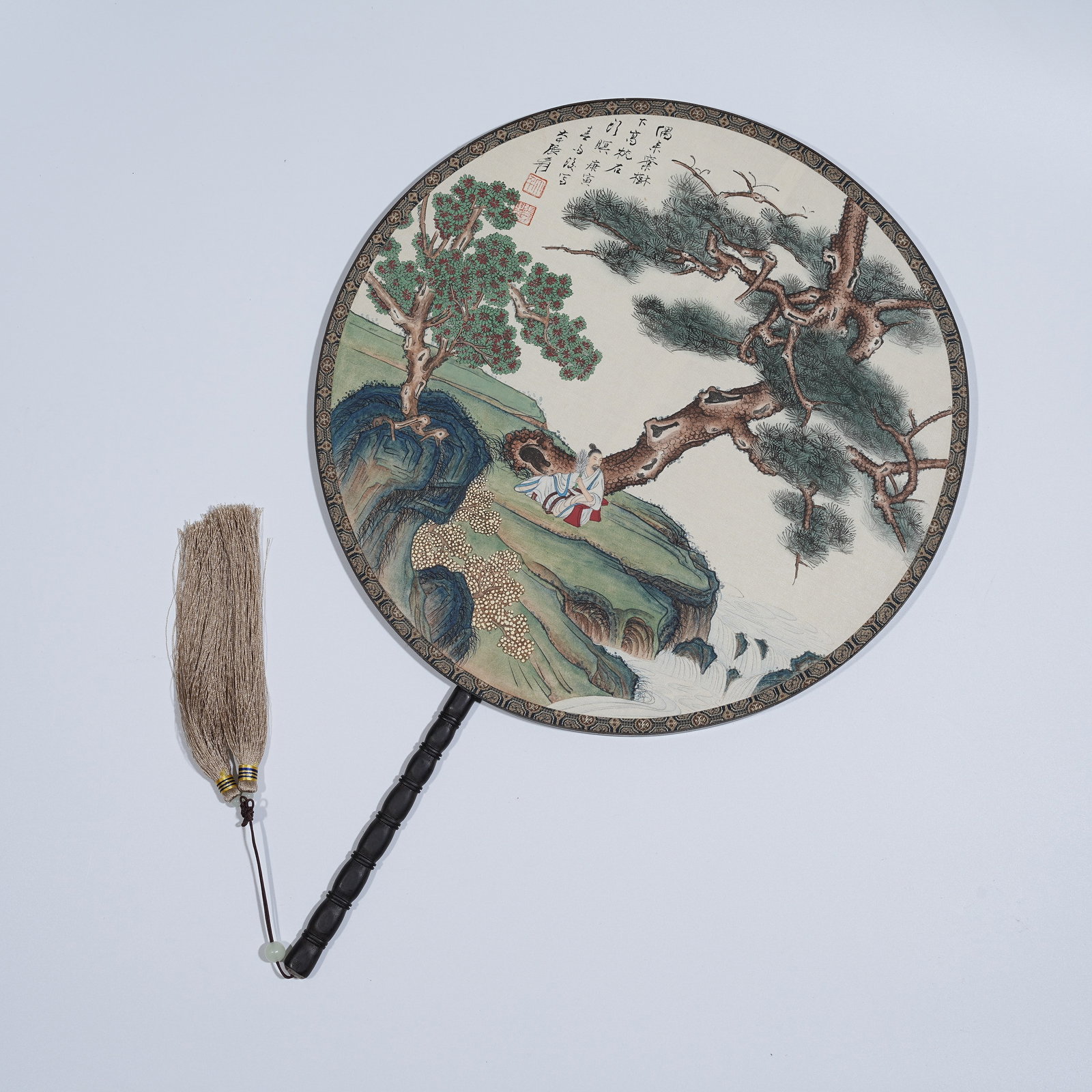 A SCHOLAR UNDER PINE TREE FAN PAINTING ON SILK BY ZHANG DAQIAN.張大千: Scholar Under Pine Tree Fan Painting on Silk by Zhang Daqian.張大千