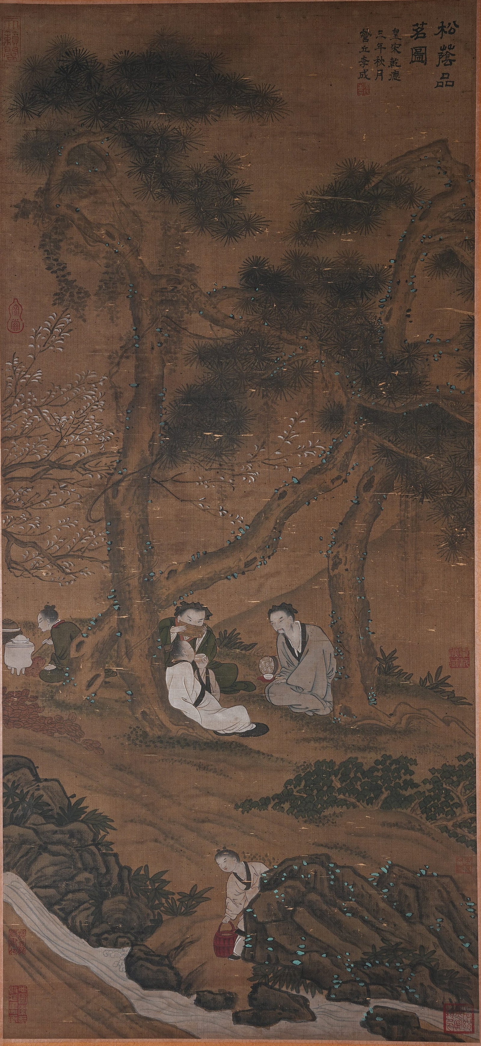 A SCHOLARS UNDER PINES PAINTING ON SILK BY LI CHENG.李成: Scholars Under Pines Painting on Silk by Li Cheng.李成
