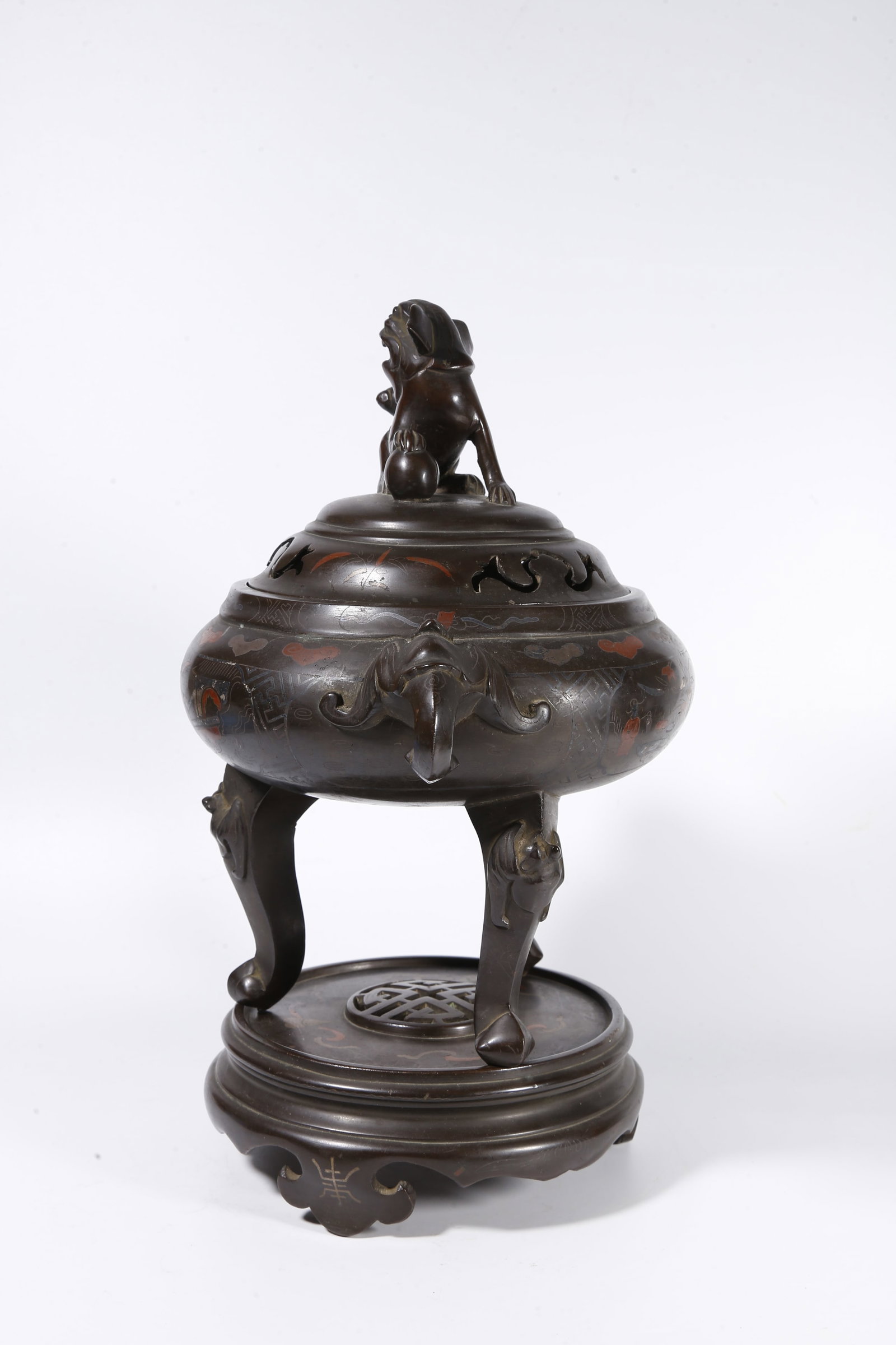 A PAINTED BRONZE CENSER WITH BEAST-SHAPED KNOBS - 5