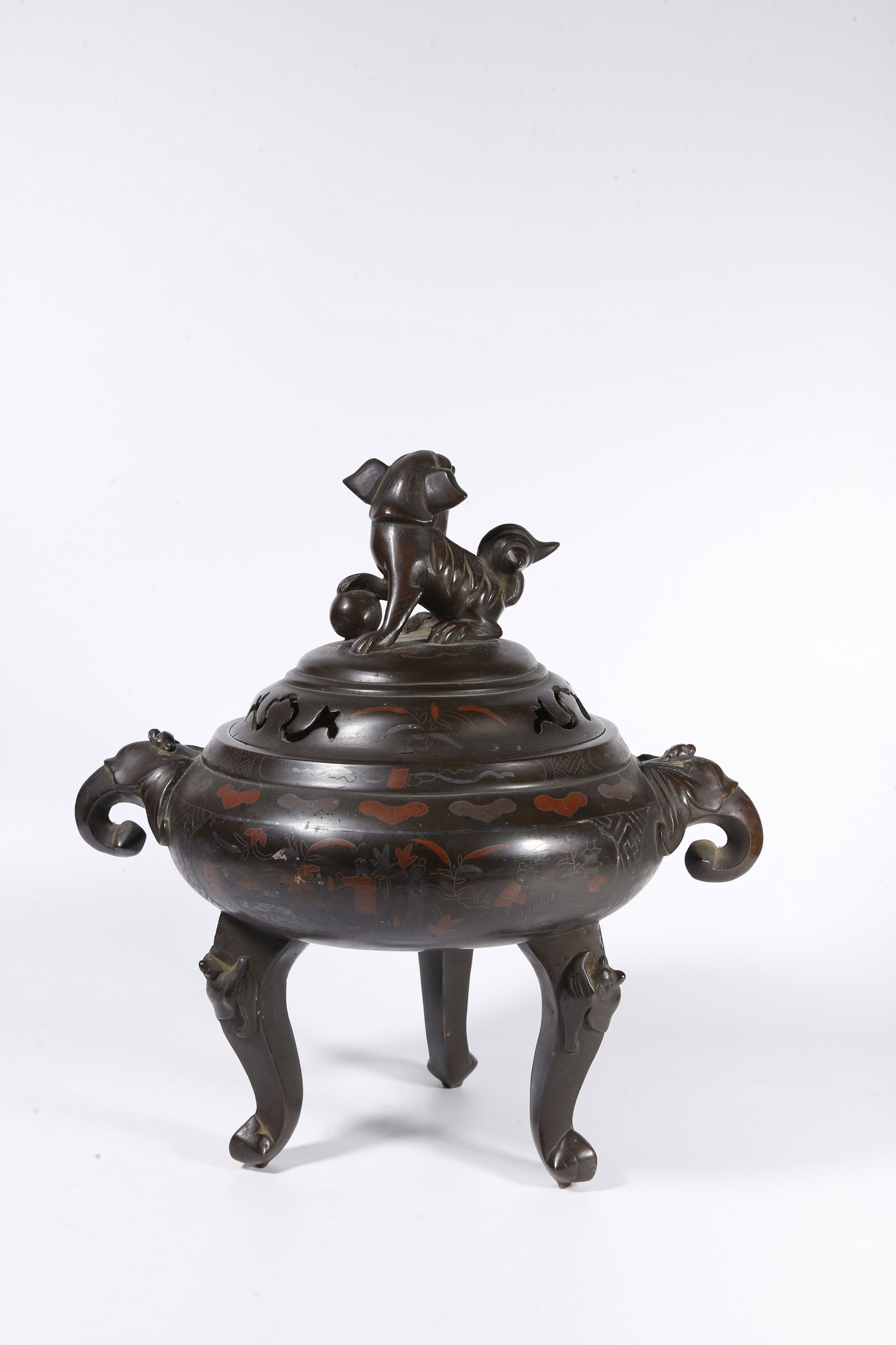 A PAINTED BRONZE CENSER WITH BEAST-SHAPED KNOBS - 8