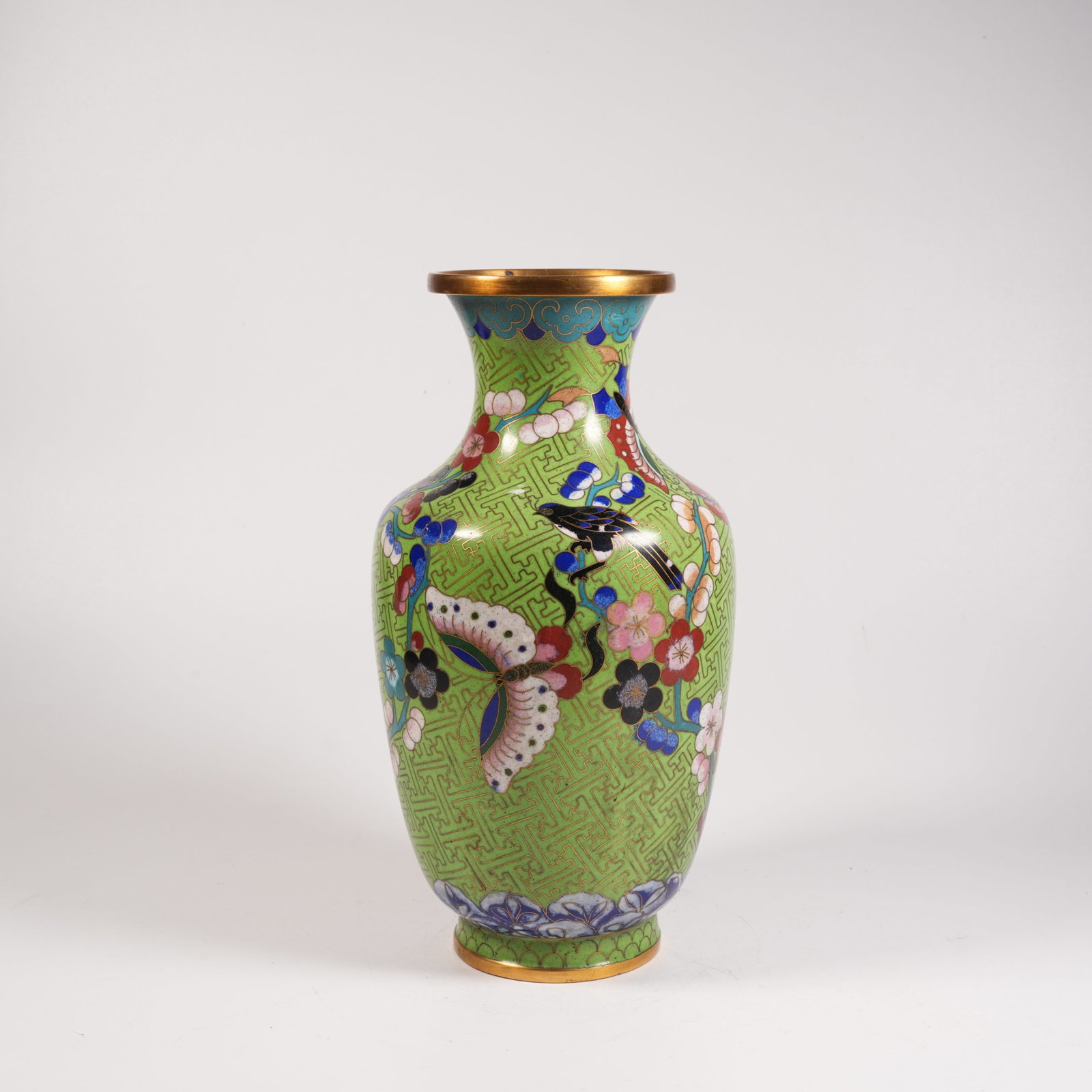 A CLOISONNE DECORATIVE VASE WITH FLOWER, BIRD AND BUTTERFLY PATTERN ON COPPER BODY: Cloisonne Decorative Vase with Flower, Bird and Butterfly Pattern on Copper Body