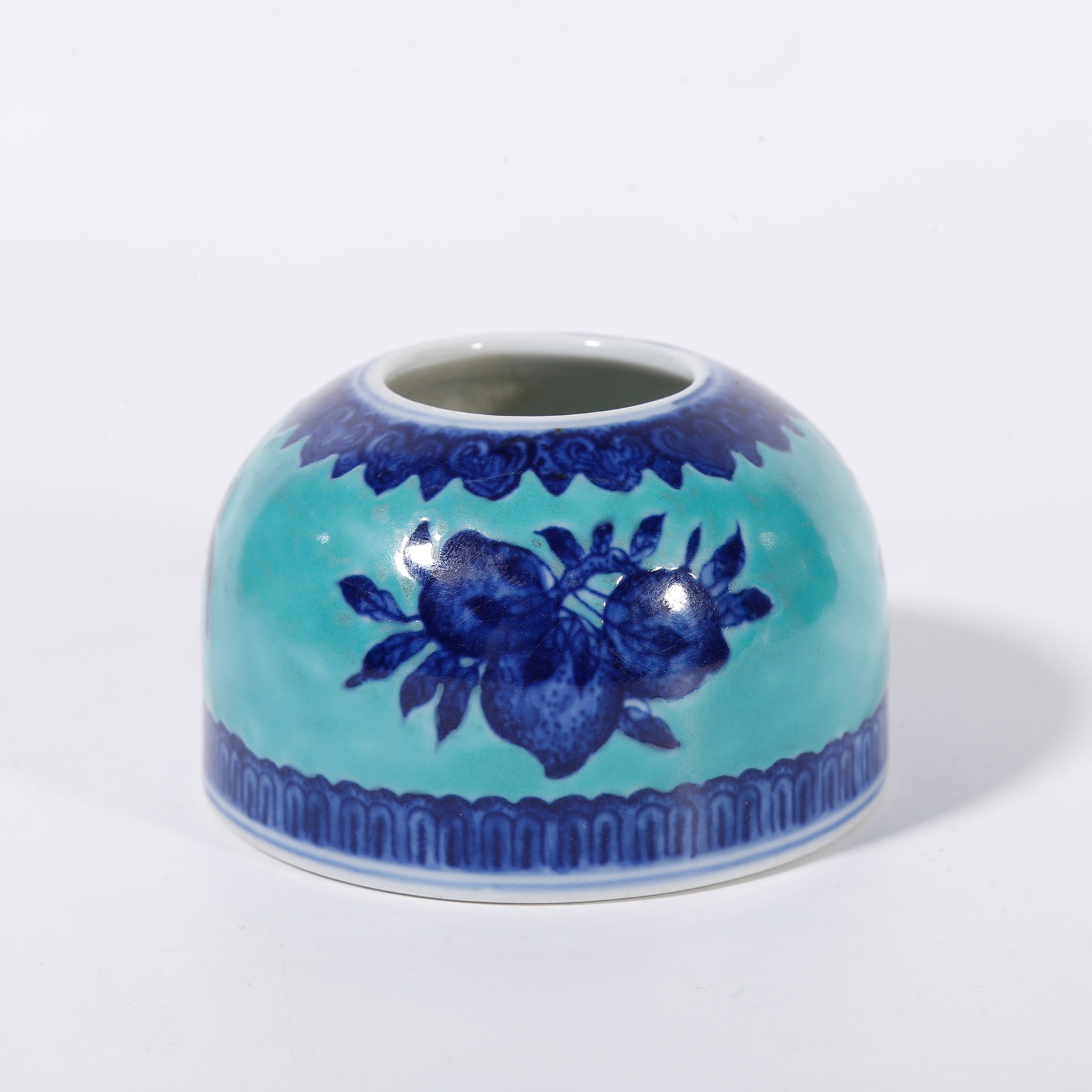 A BLUE AND WHITE WATER WASHER WITH FU, LU AND SHOU PATTERNS ON TURQUOISE GREEN GROUND: Blue and White Water Washer with Fu, Lu and Shou Patterns on Turquoise Green Ground