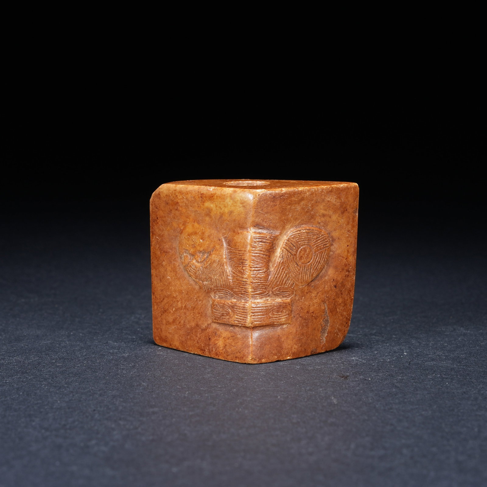 A ANCIENT JADE SWORD POMMEL WITH BEAST MASK PATTERN OF LIANGZHU CULTURE: Ancient Jade Sword Pommel with Beast Mask Pattern of Liangzhu Culture