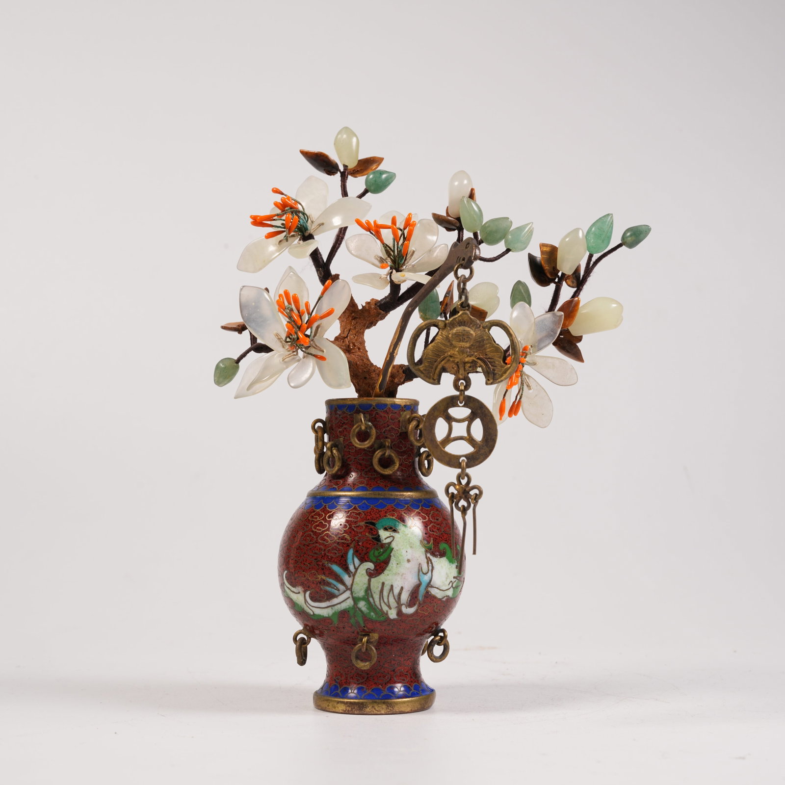 A CLOISONNE GEM-INLAID BONSAI WITH CHI DRAGON PATTERN ON COPPER BODY: Cloisonne Gem-Inlaid Bonsai with Chi Dragon Pattern on Copper Body