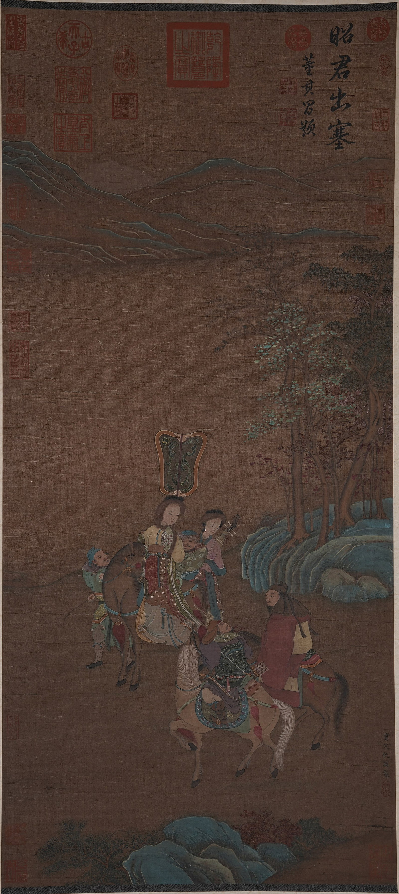 A WANG ZHAOJUN DEPARTS THE FRONTIER PAINTING ON SILK BY QIU YING.仇英: Wang Zhaojun Departs the Frontier Painting on Silk by Qiu Ying.仇英