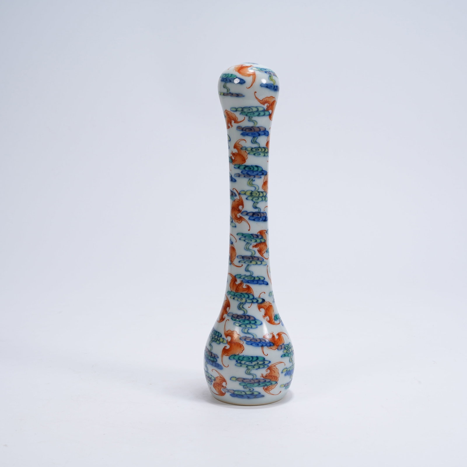 A DOUCAI WRITING BRUSH SHAFT WITH IRON RED AUSPICIOUS FORTUNE MOTIFS: Doucai Writing Brush Shaft with Iron Red Auspicious Fortune Motifs