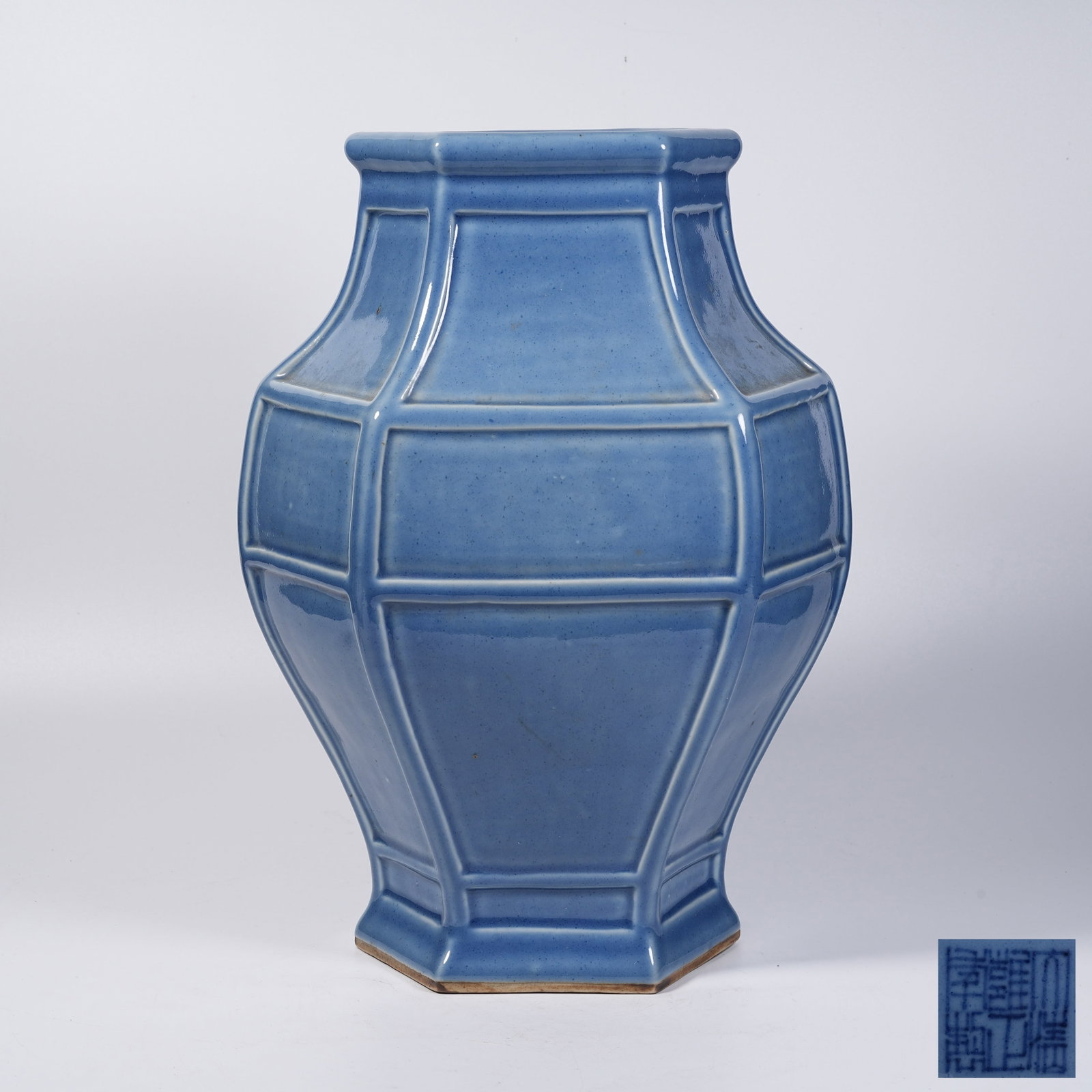 A SKY-BLUE GLAZED HEXAGONAL ZUN VESSEL WITH RAISED RIBS (1 of 9)